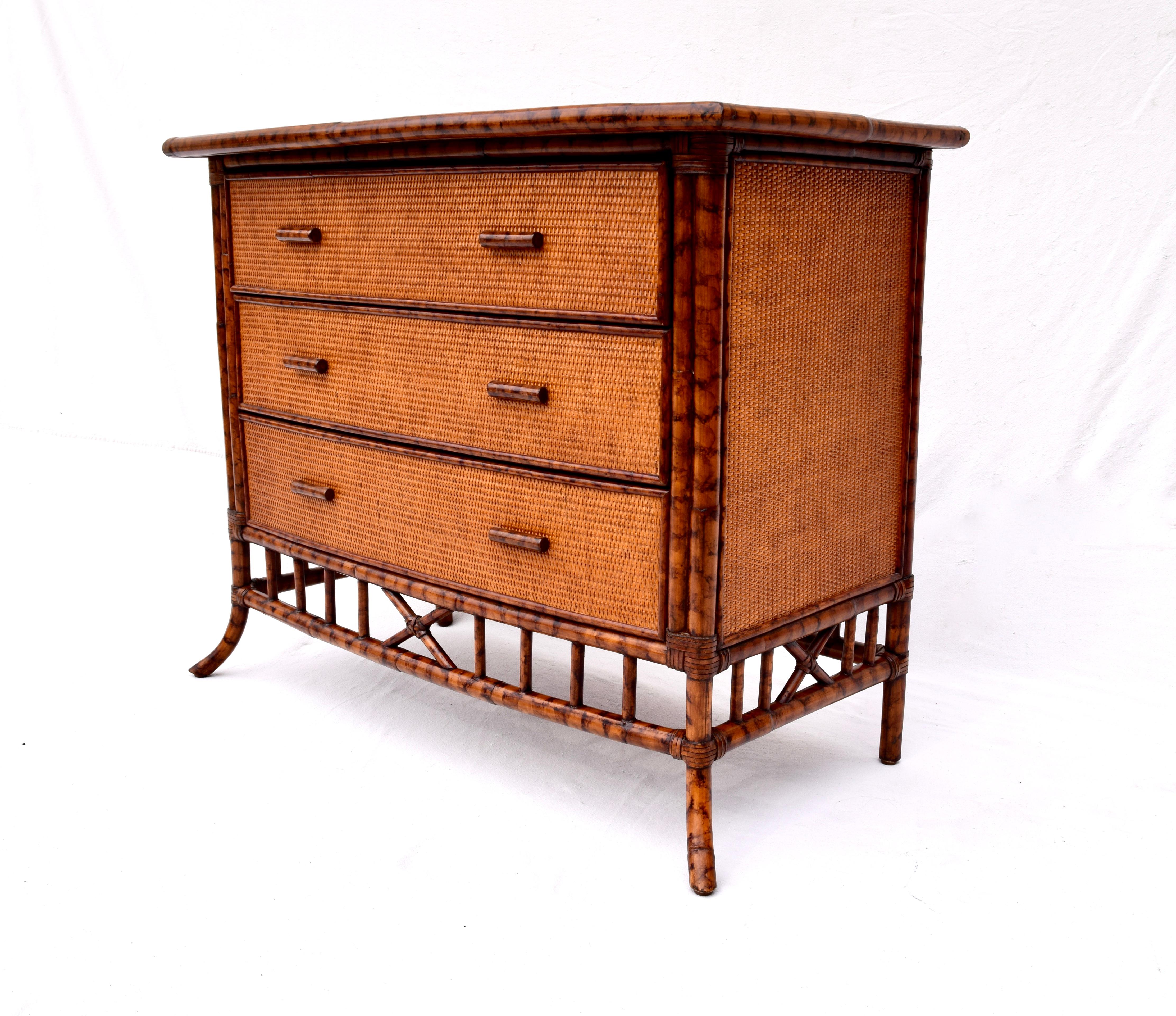 Leather British Colonial Faux Tortoise Bamboo and Grass Cloth Chest of Drawers