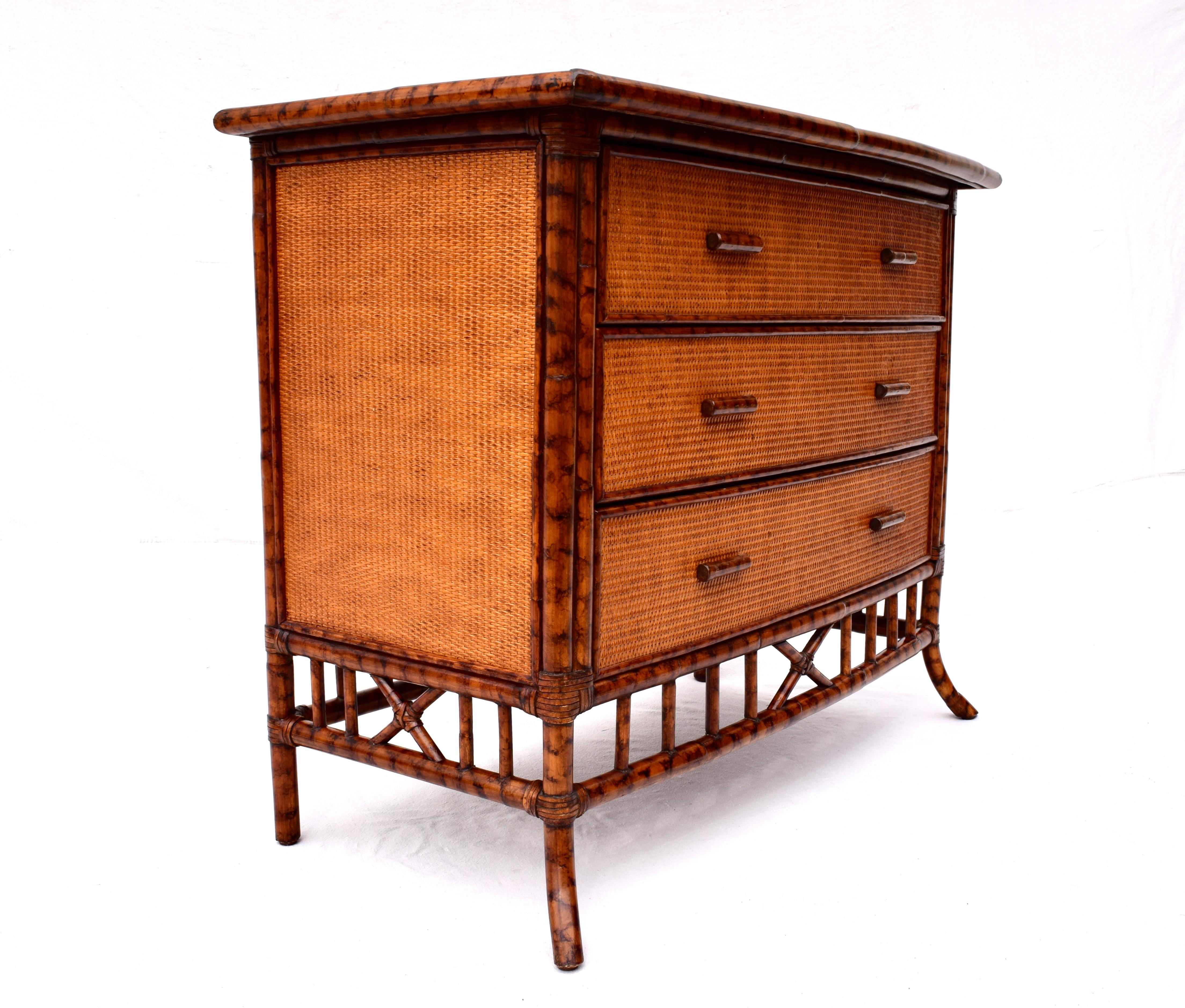 British Colonial Faux Tortoise Bamboo and Grass Cloth Chest of Drawers 2