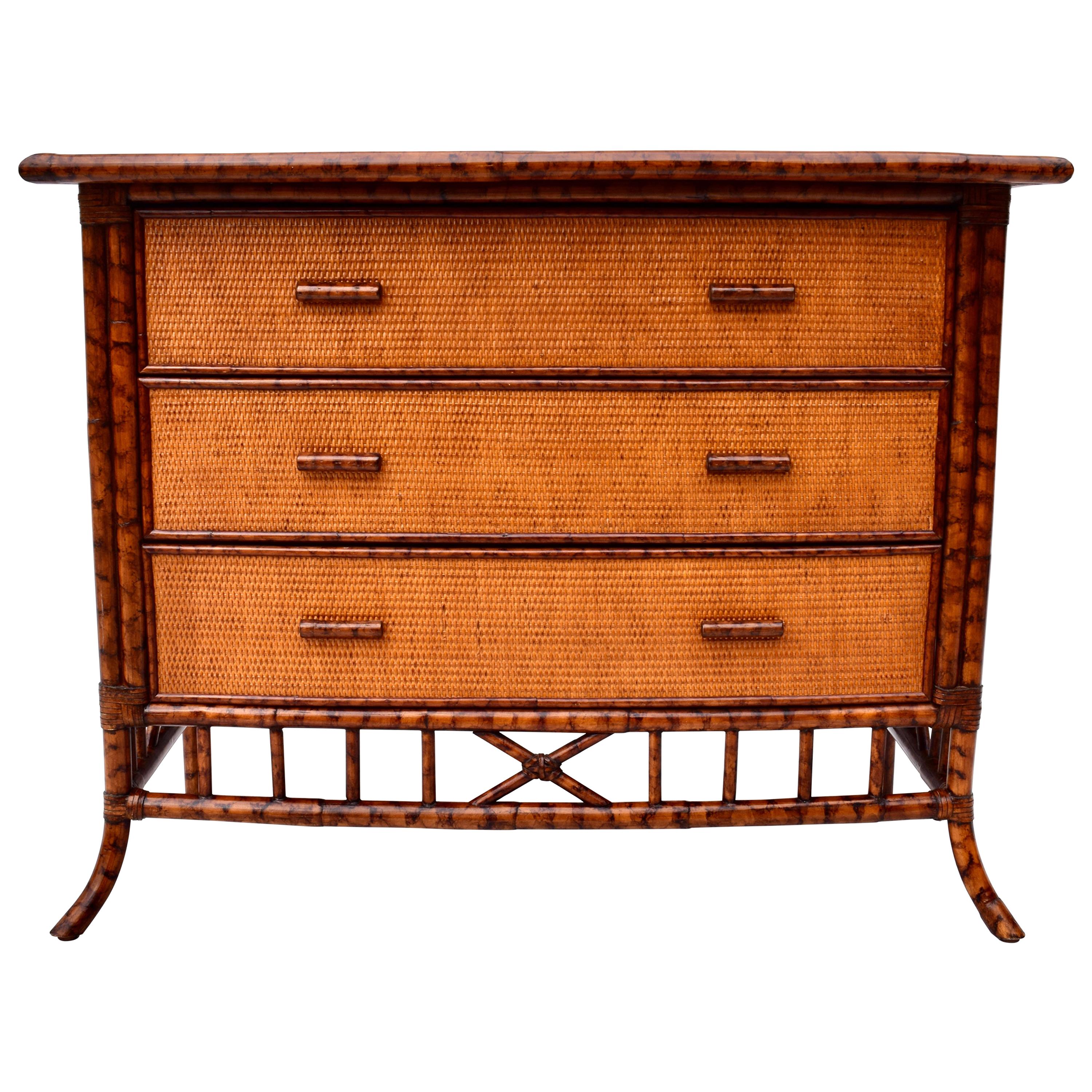 British Colonial Faux Tortoise Bamboo and Grass Cloth Chest of Drawers