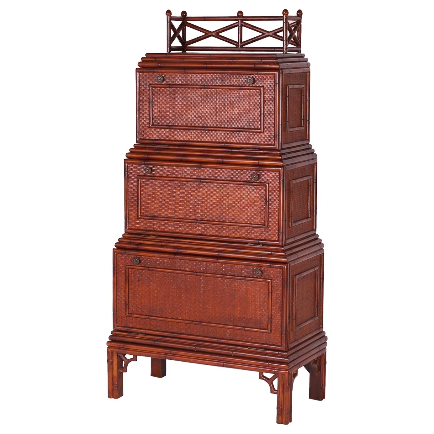 British Colonial Grass Cloth and Faux Bamboo Three-Tiered Cabinet and Desk For Sale