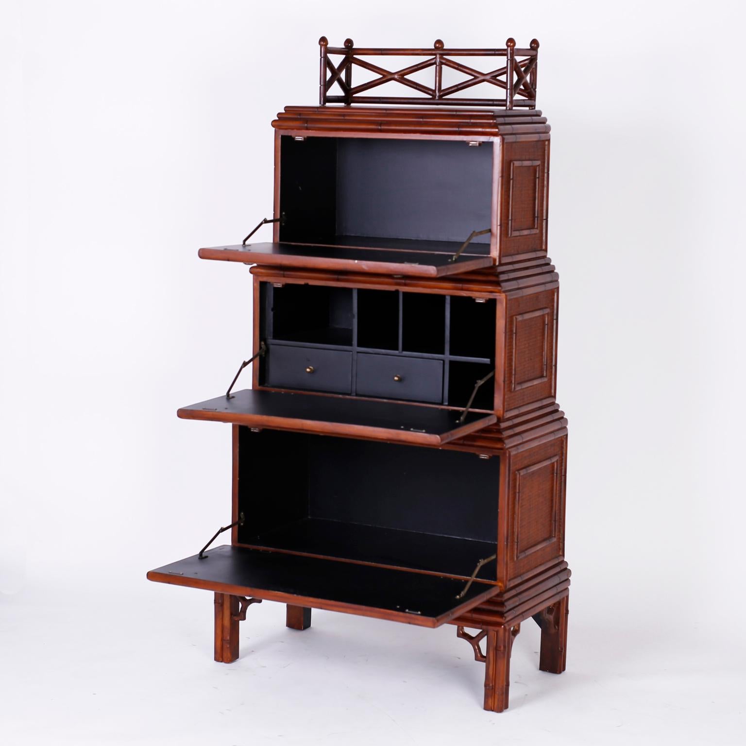 British Colonial Grass Cloth and Faux Bamboo Three-Tiered Cabinet and Desk In Good Condition For Sale In Palm Beach, FL