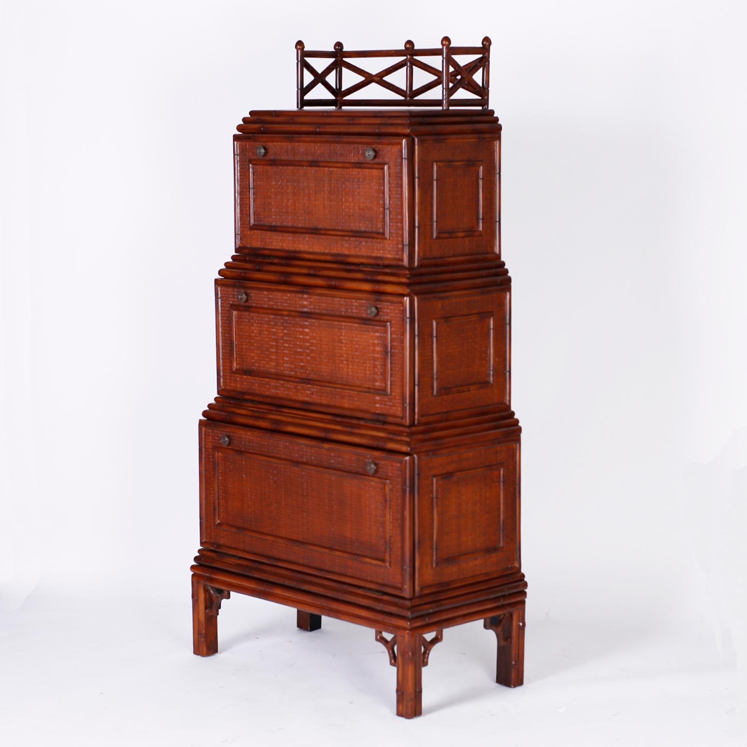 British Colonial Grass Cloth and Faux Bamboo Three-Tiered Cabinet and Desk For Sale 1