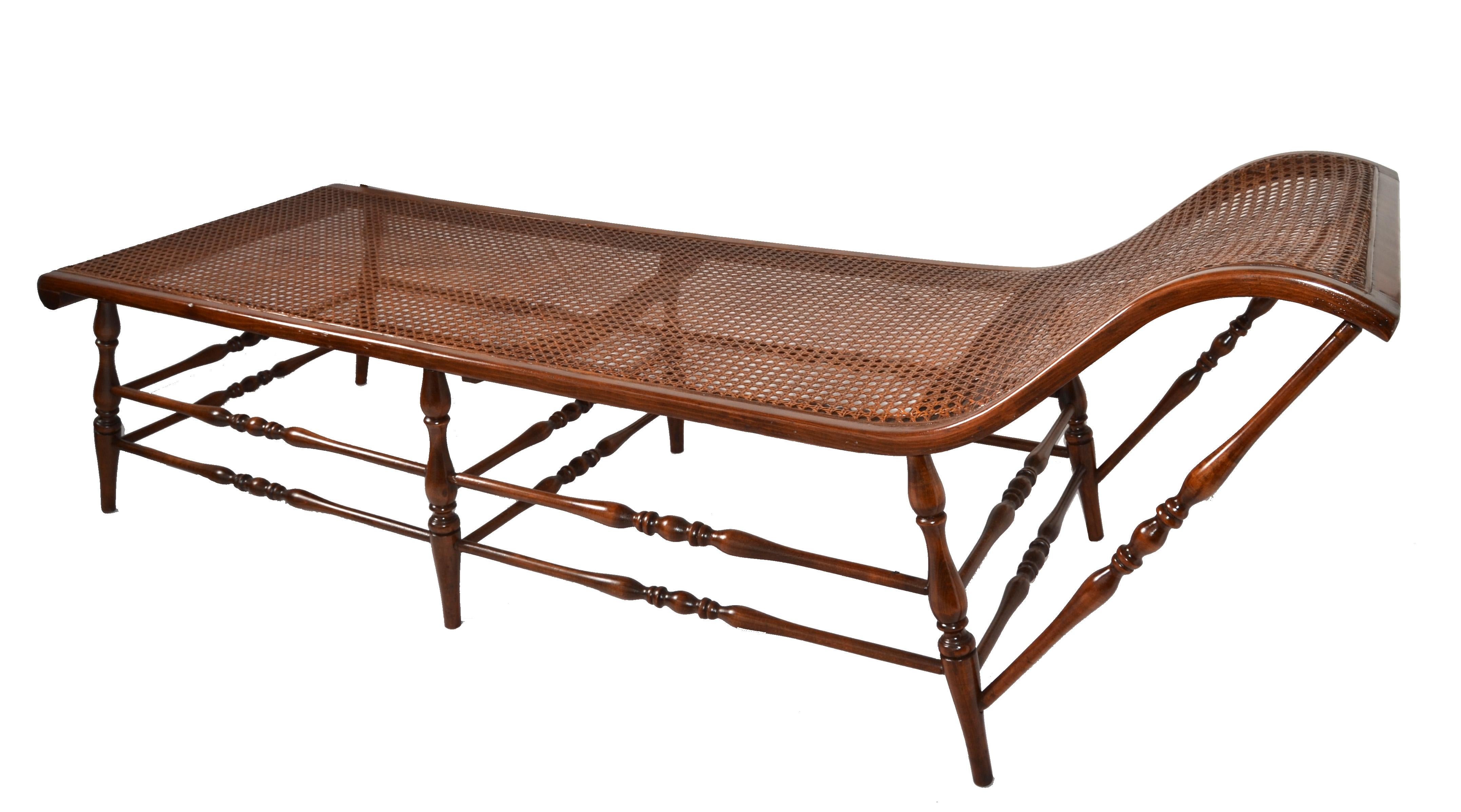 British Colonial Handwoven Cane Turned Wood Spindle Frame Chaise Lounge Daybed For Sale 9