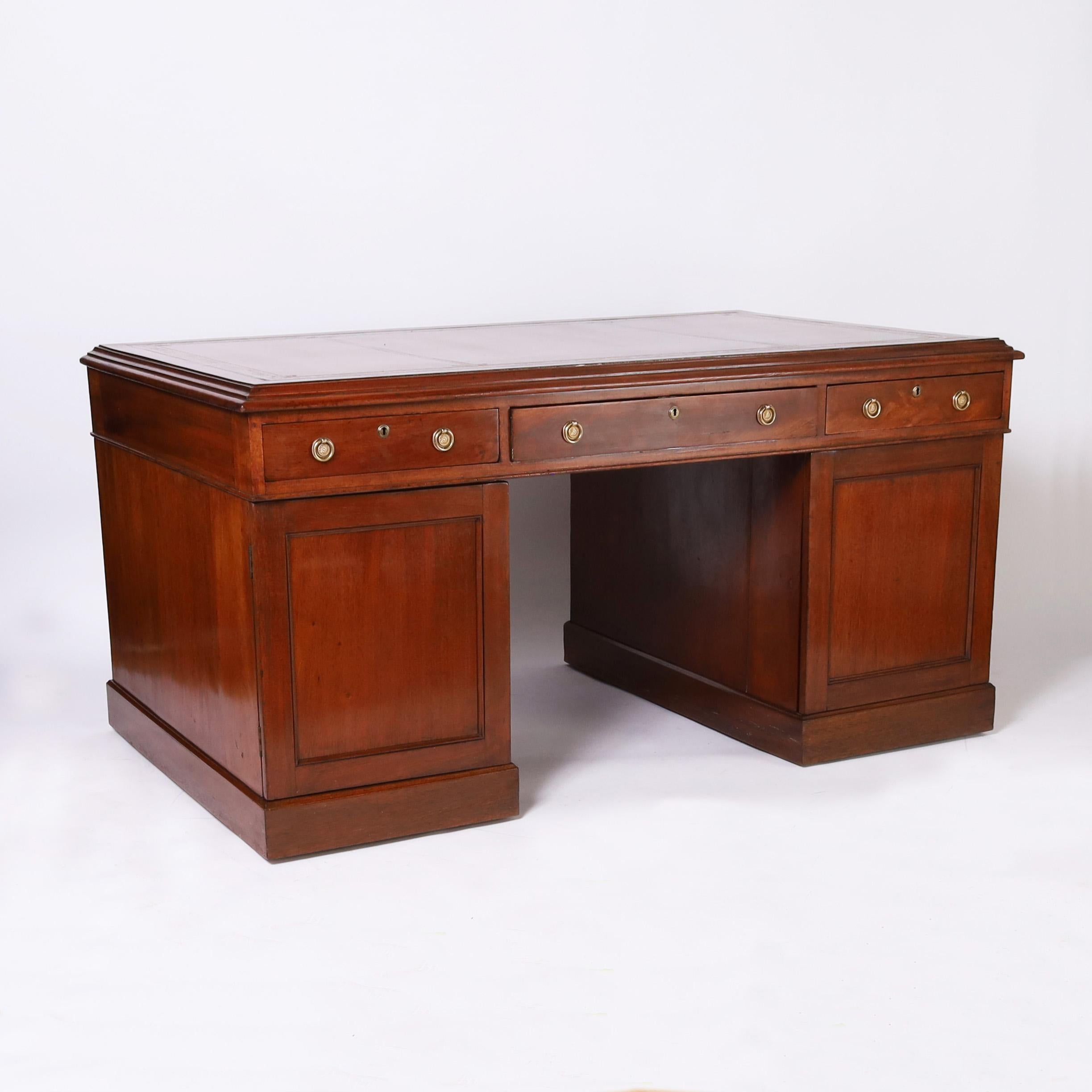 English British Colonial Leather Top Partners Desk For Sale