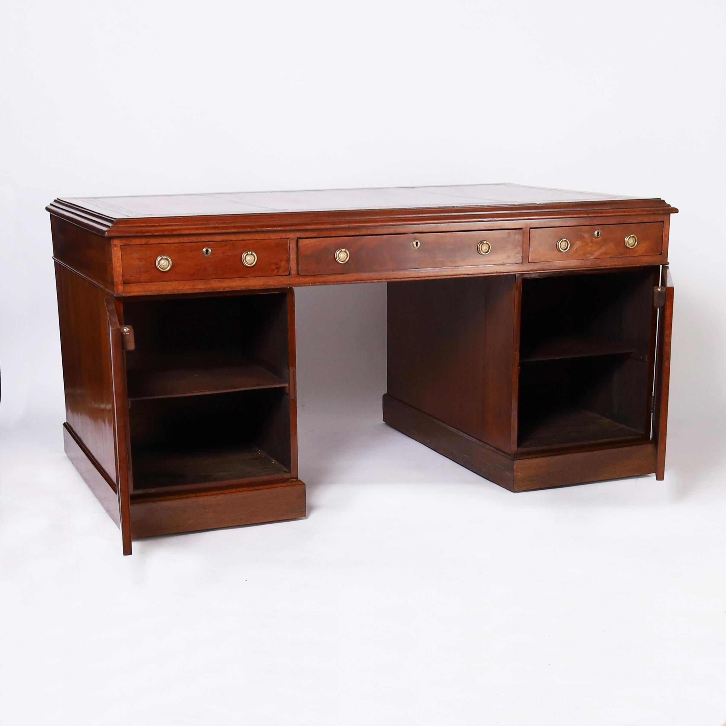 Hand-Crafted British Colonial Leather Top Partners Desk For Sale