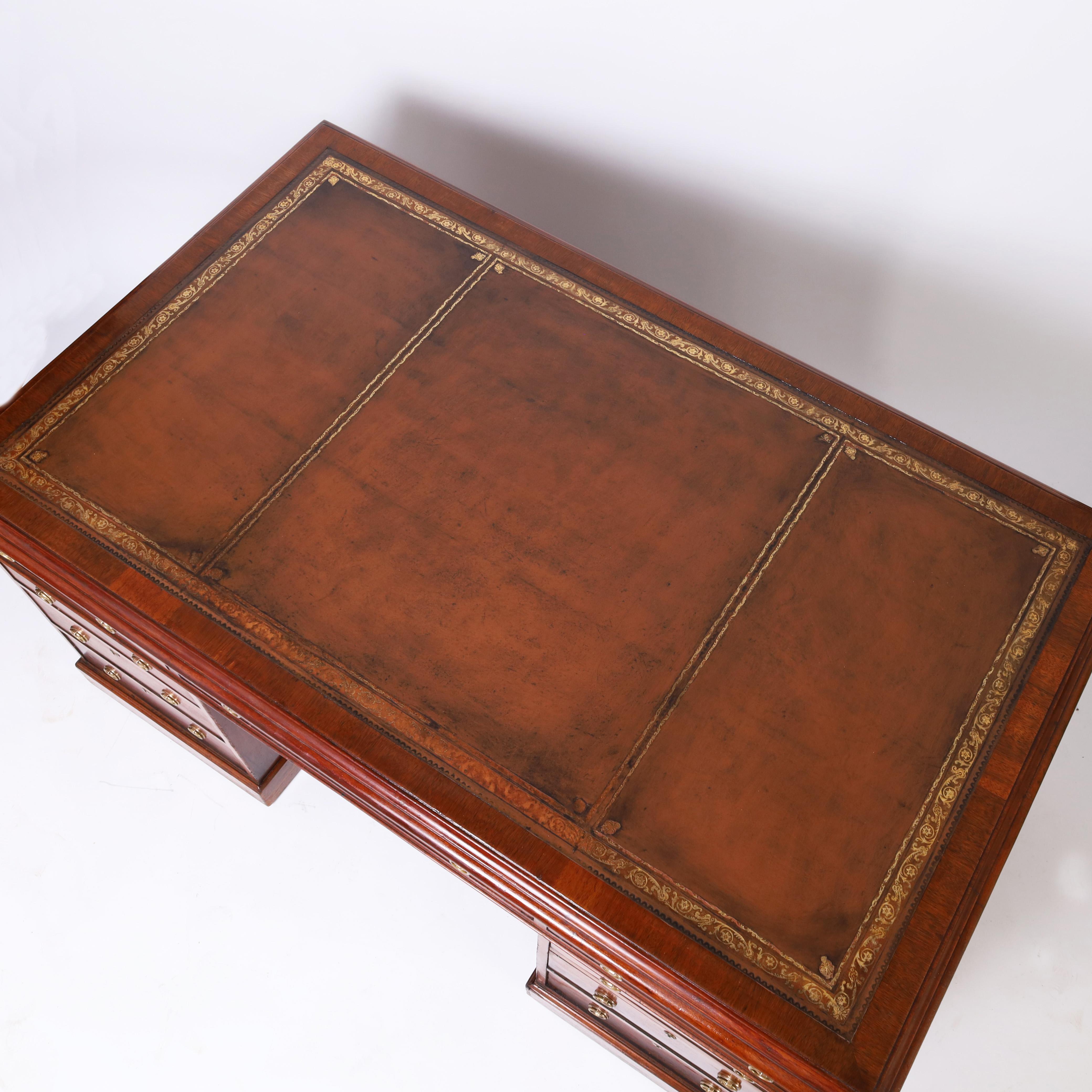 British Colonial Leather Top Partners Desk In Good Condition For Sale In Palm Beach, FL