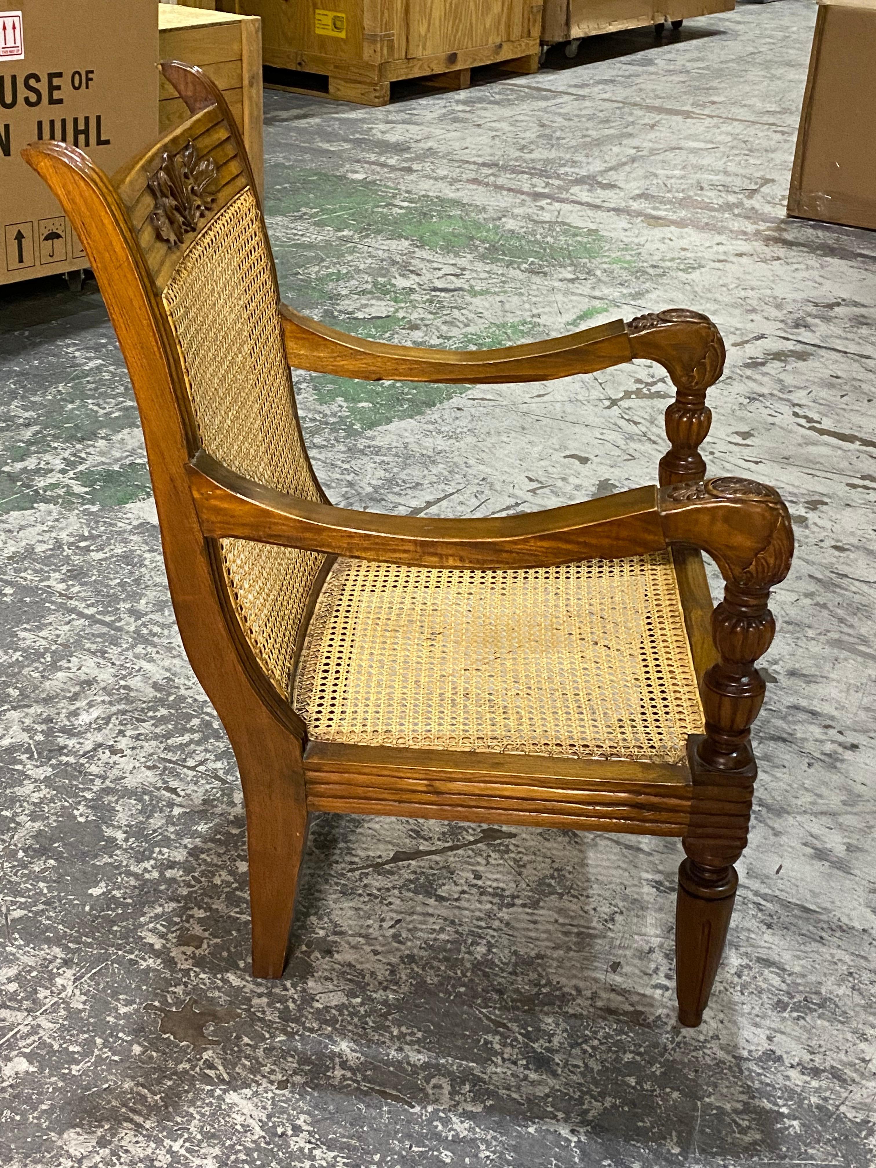20th Century British Colonial Mahogany & Caned Armchair For Sale