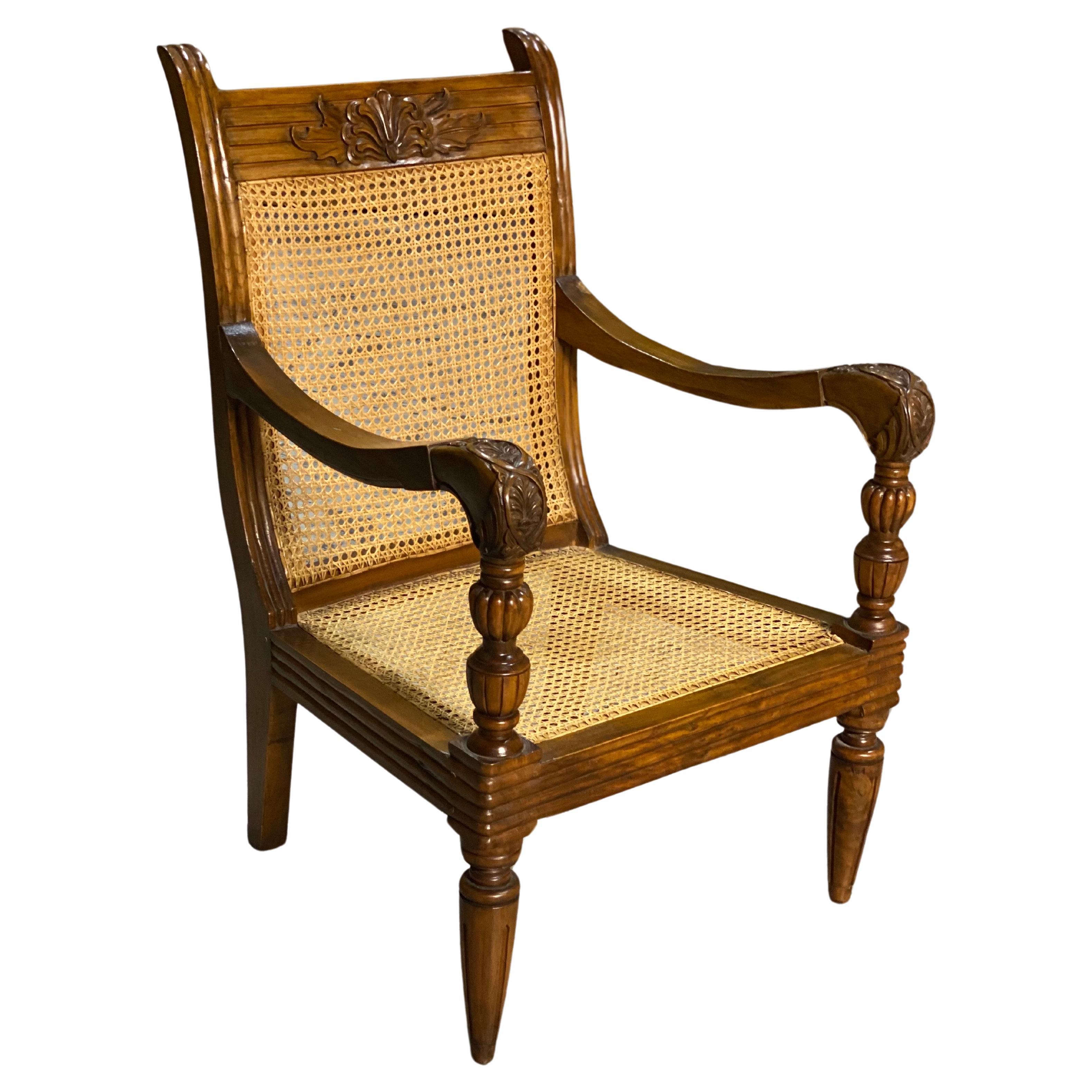 British Colonial Mahogany & Caned Armchair For Sale