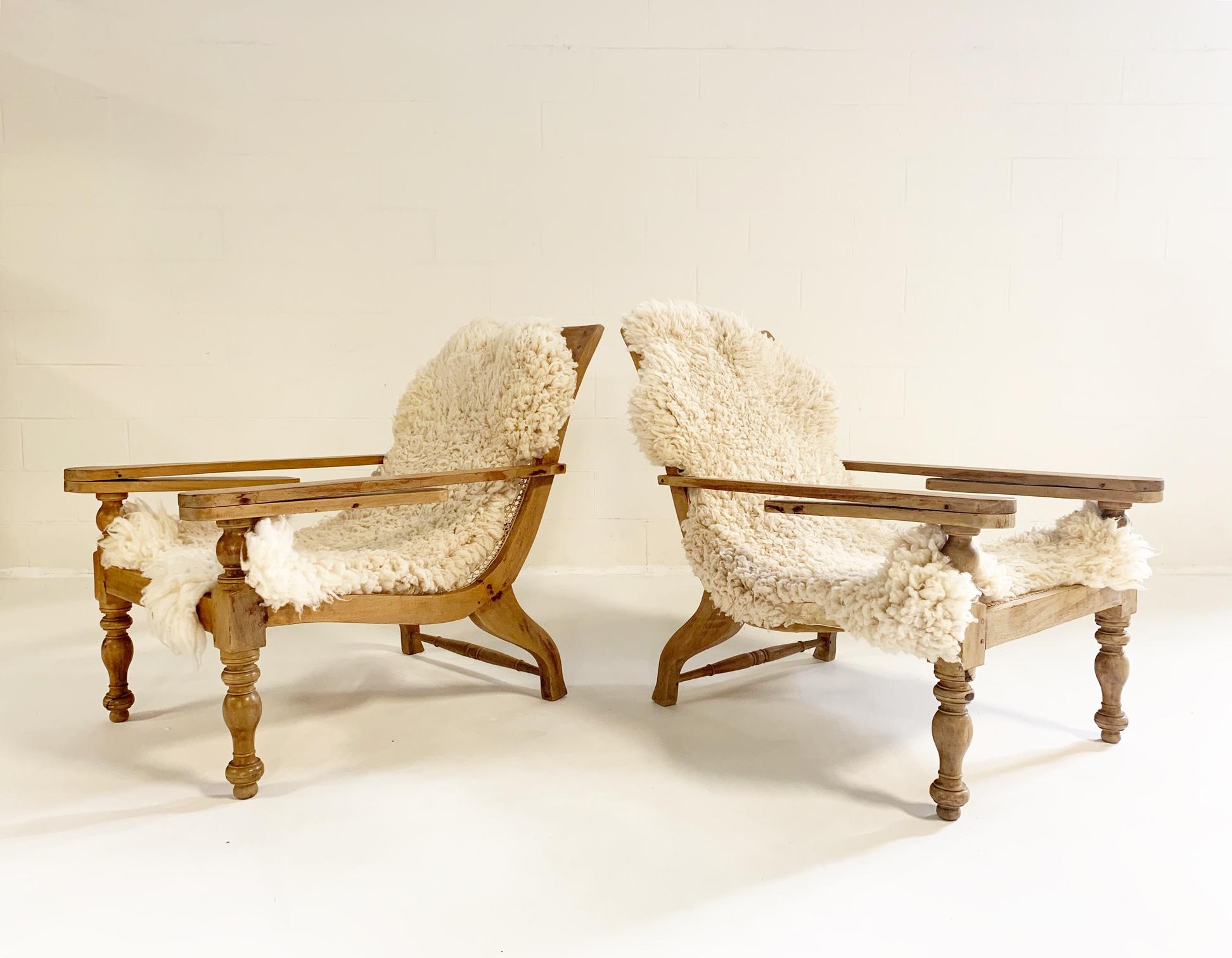 British Colonial Plantation Chairs with Sheepskins, Pair In Good Condition In SAINT LOUIS, MO