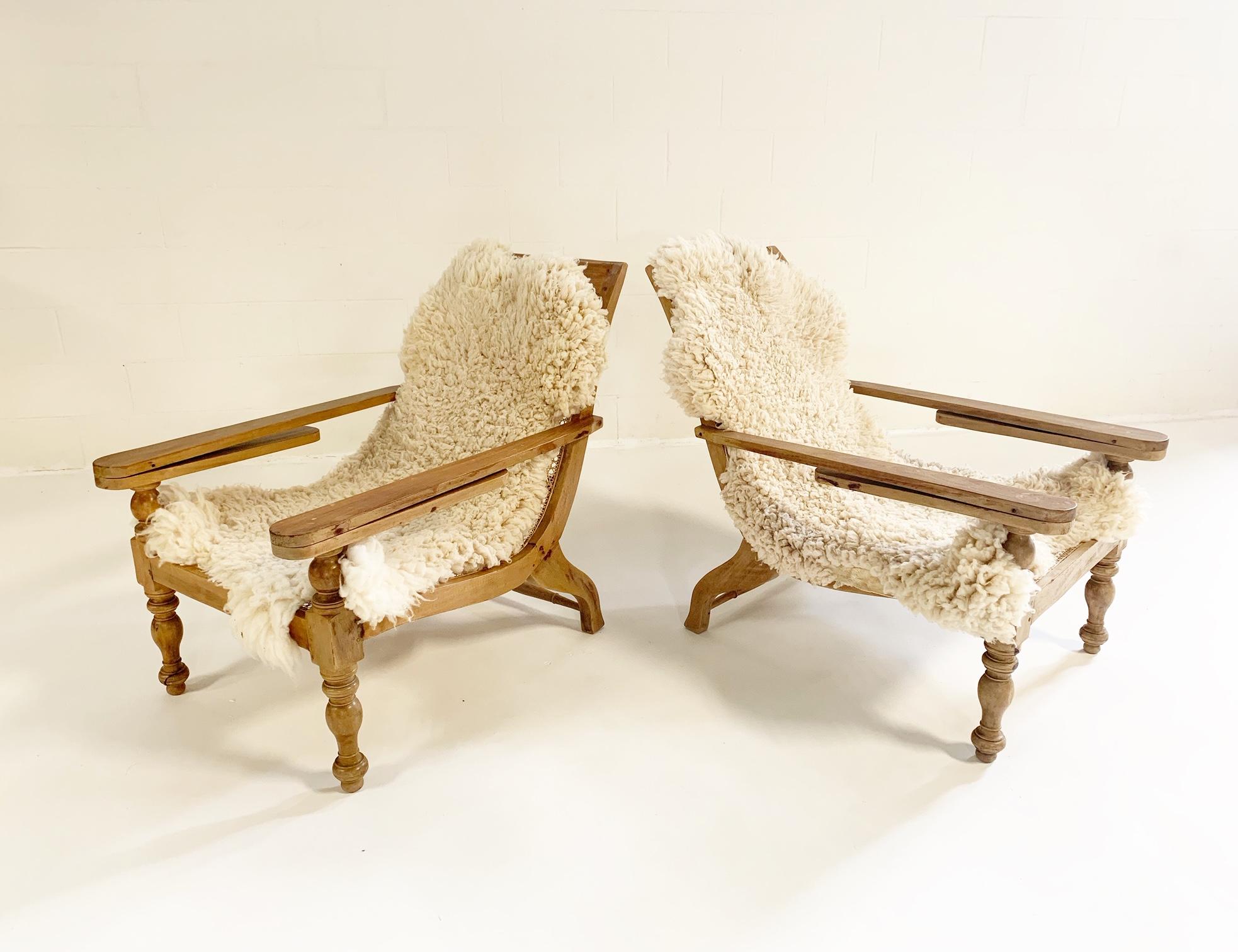 British Colonial Plantation Chairs with Sheepskins, Pair 2