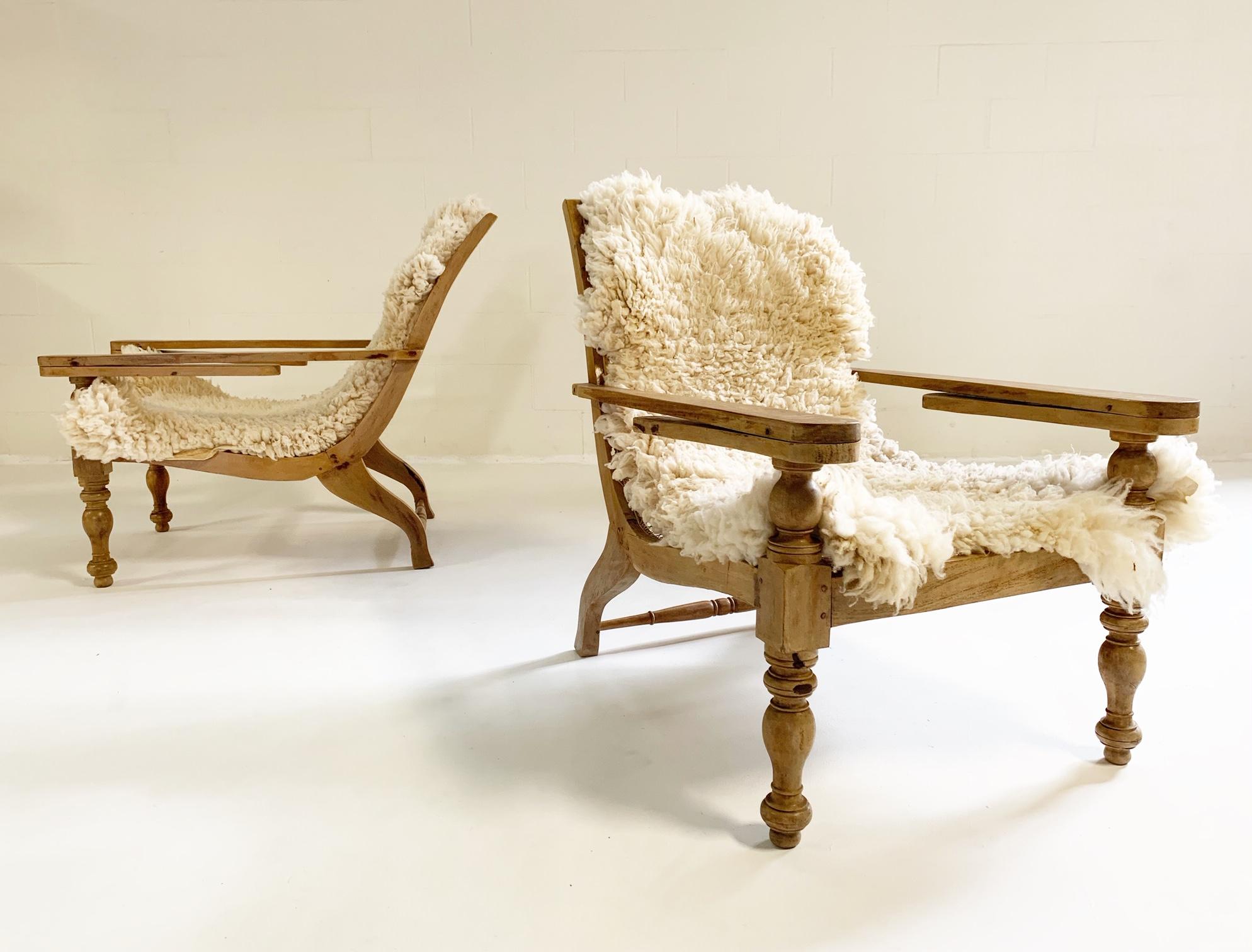 British Colonial Plantation Chairs with Sheepskins, Pair 3