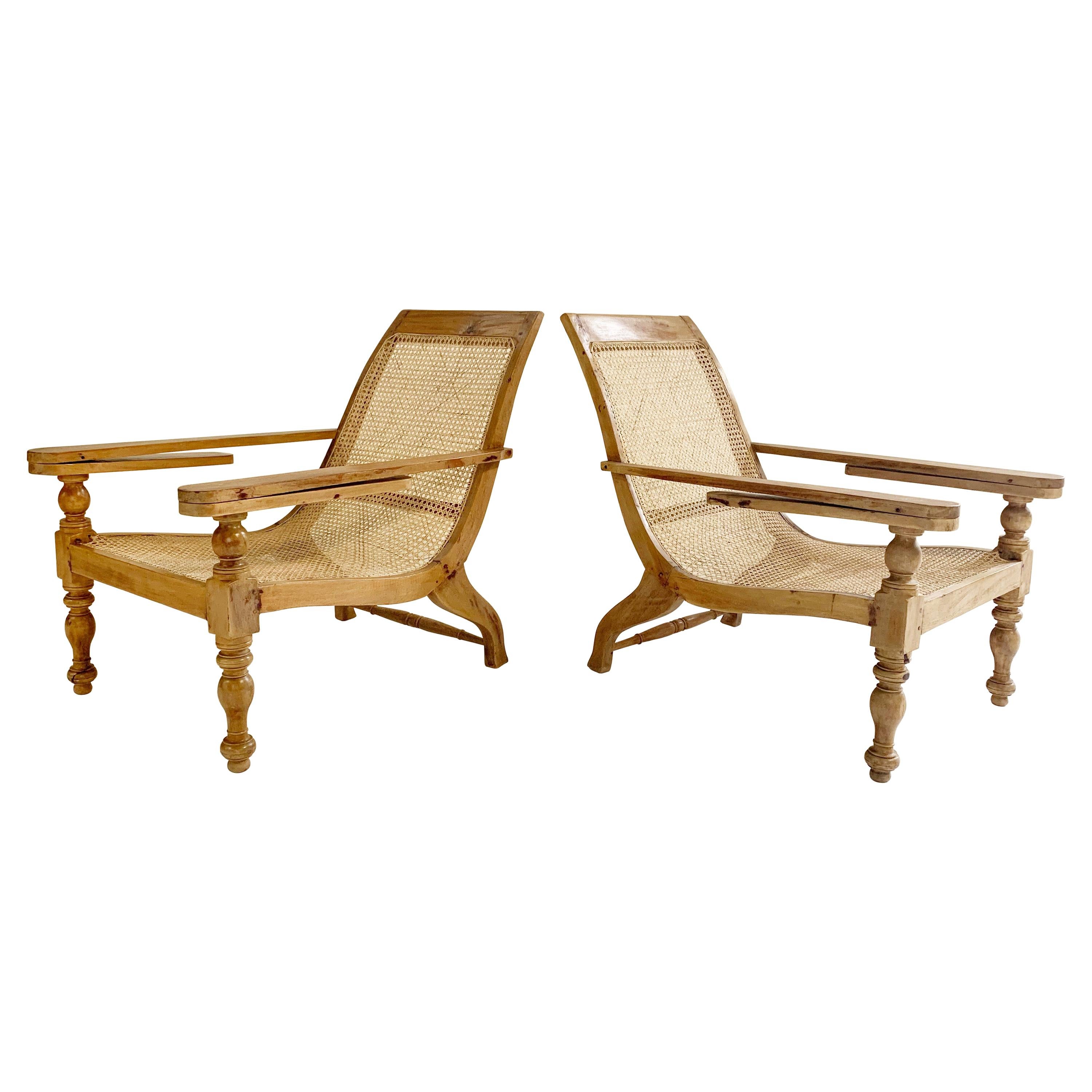 British Colonial Plantation Chairs with Sheepskins, Pair