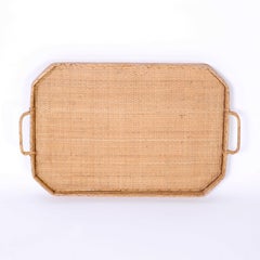 British Colonial Rattan and Grass Cloth Serving Tray