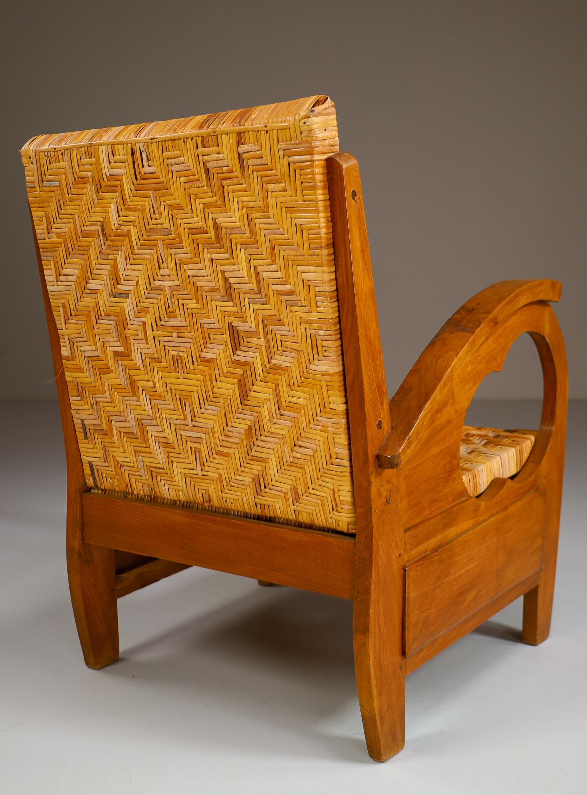 20th Century British Colonial Rattan and Wood Art Deco Arm Chair, India, 1920s For Sale