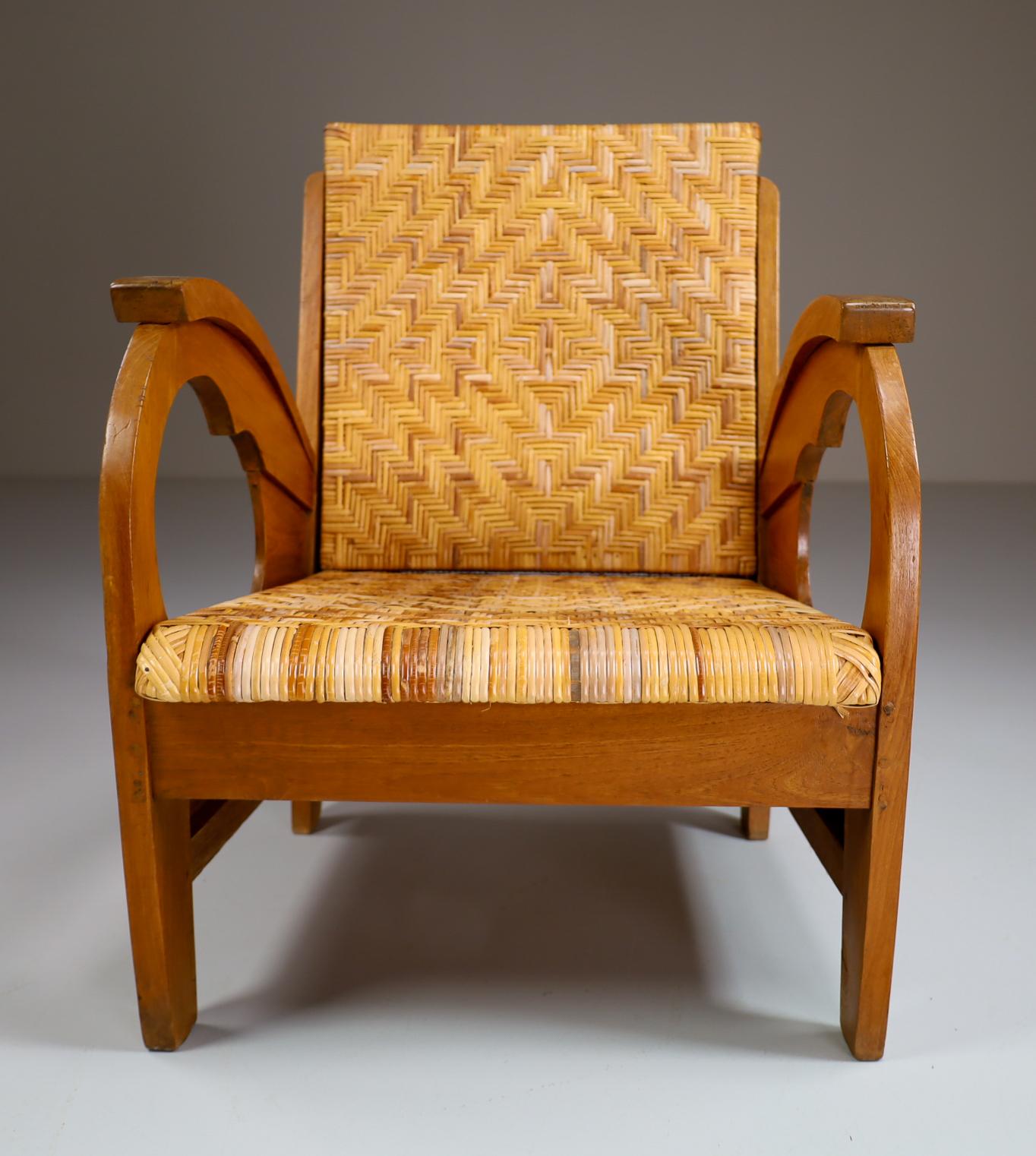 Cane British Colonial Rattan and Wood Art Deco Arm Chair, India, 1920s For Sale