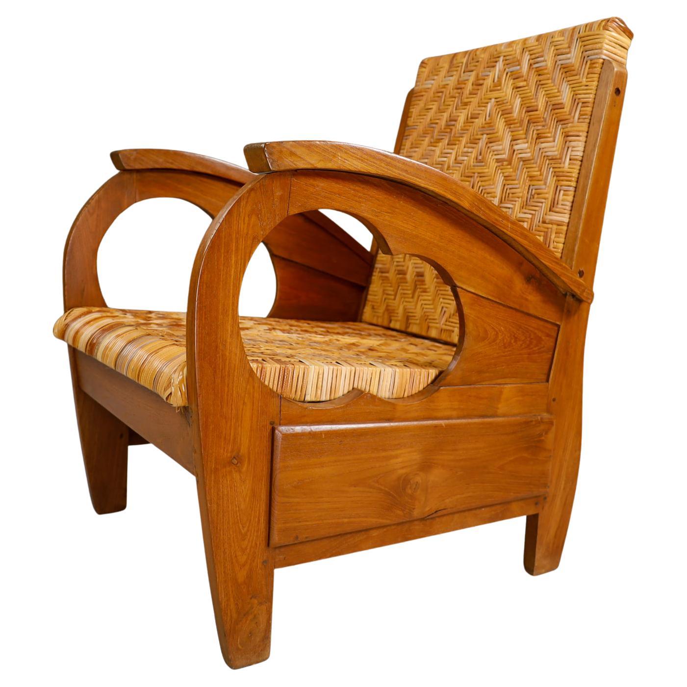 British Colonial Rattan and Wood Art Deco Arm Chair, India, 1920s For Sale