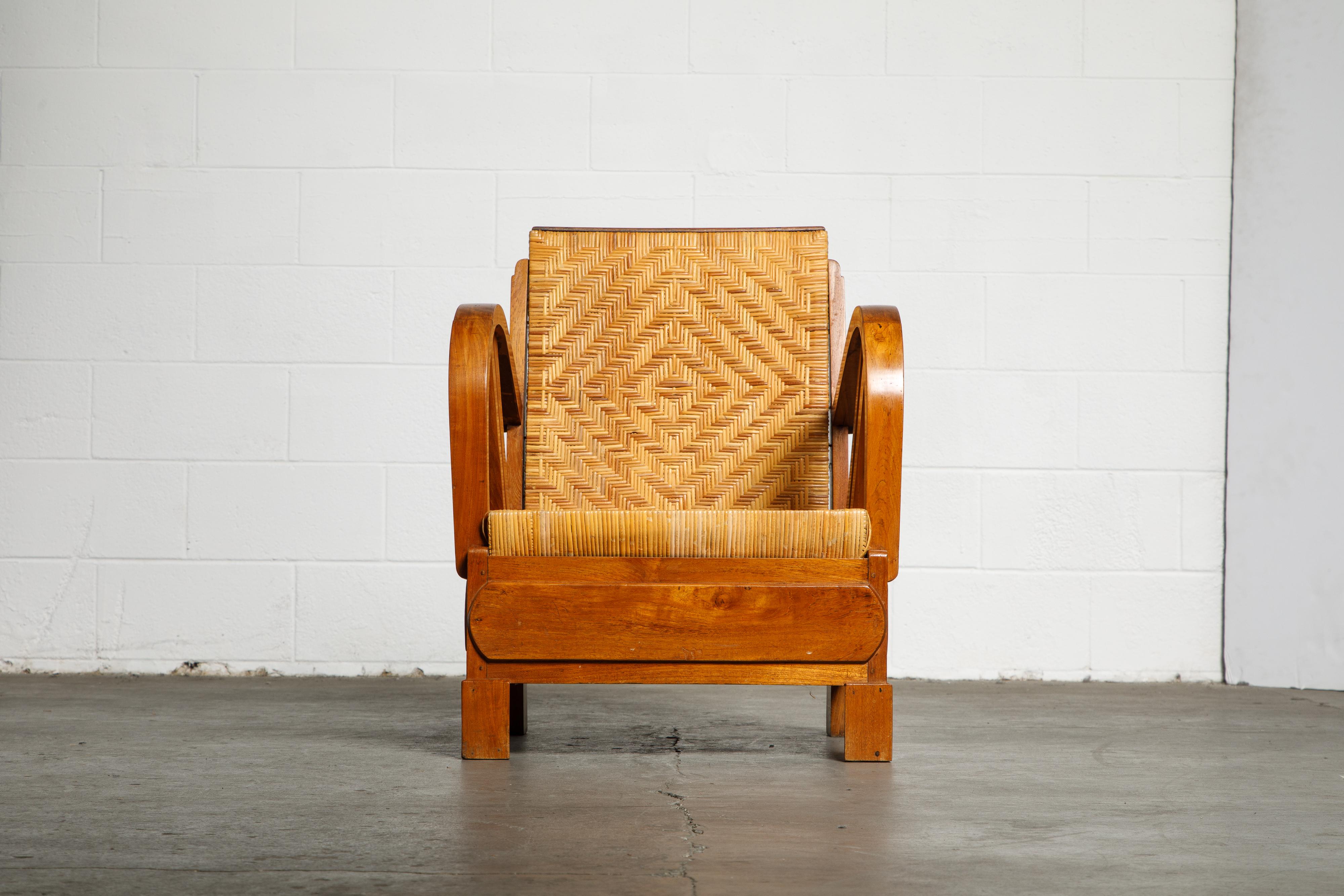 British Colonial Rattan und Holz Art Deco Lounge Stühle, ca. 1920er Jahre, Satz von vier 3