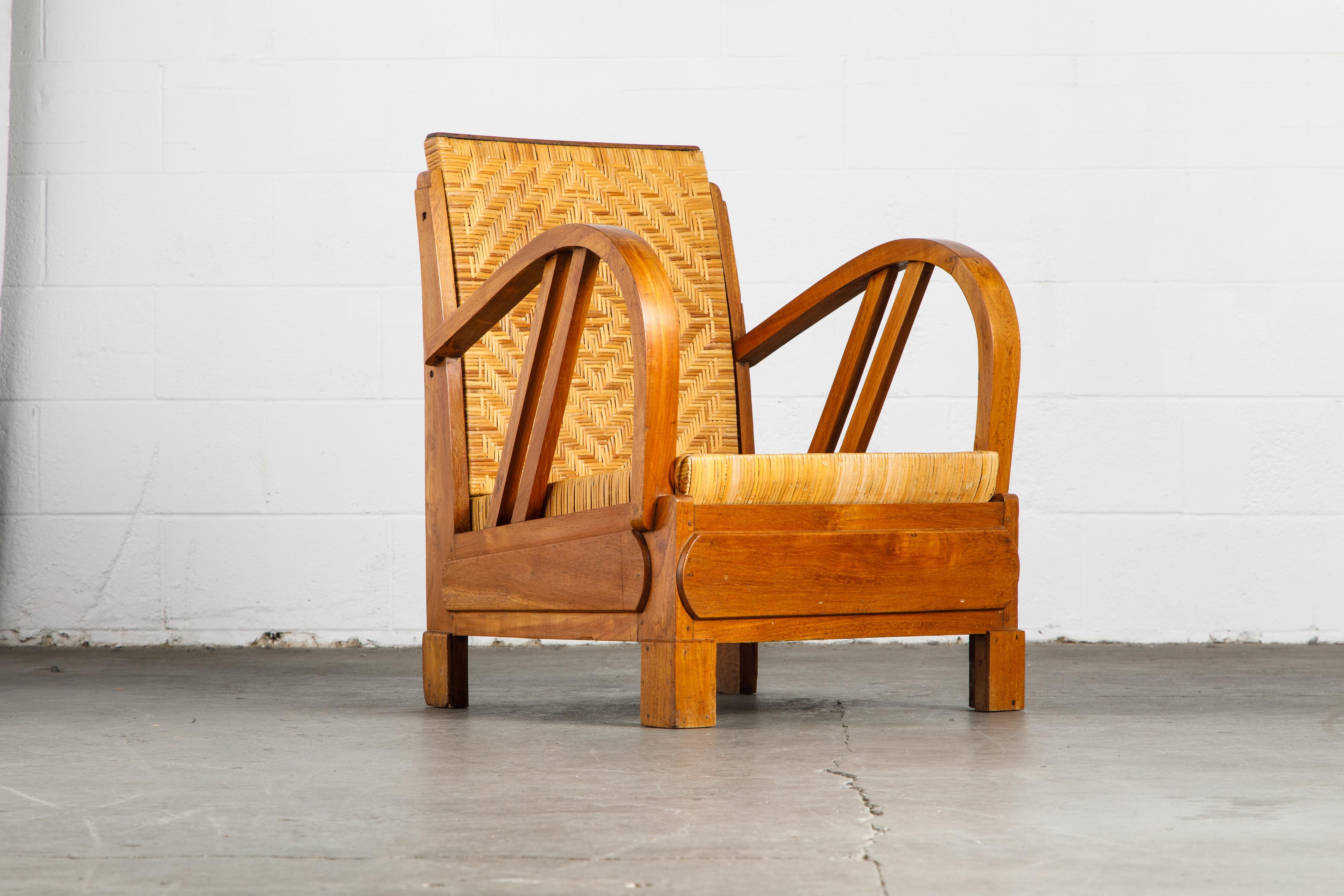 British Colonial Rattan und Holz Art Deco Lounge Stühle, ca. 1920er Jahre, Satz von vier 4