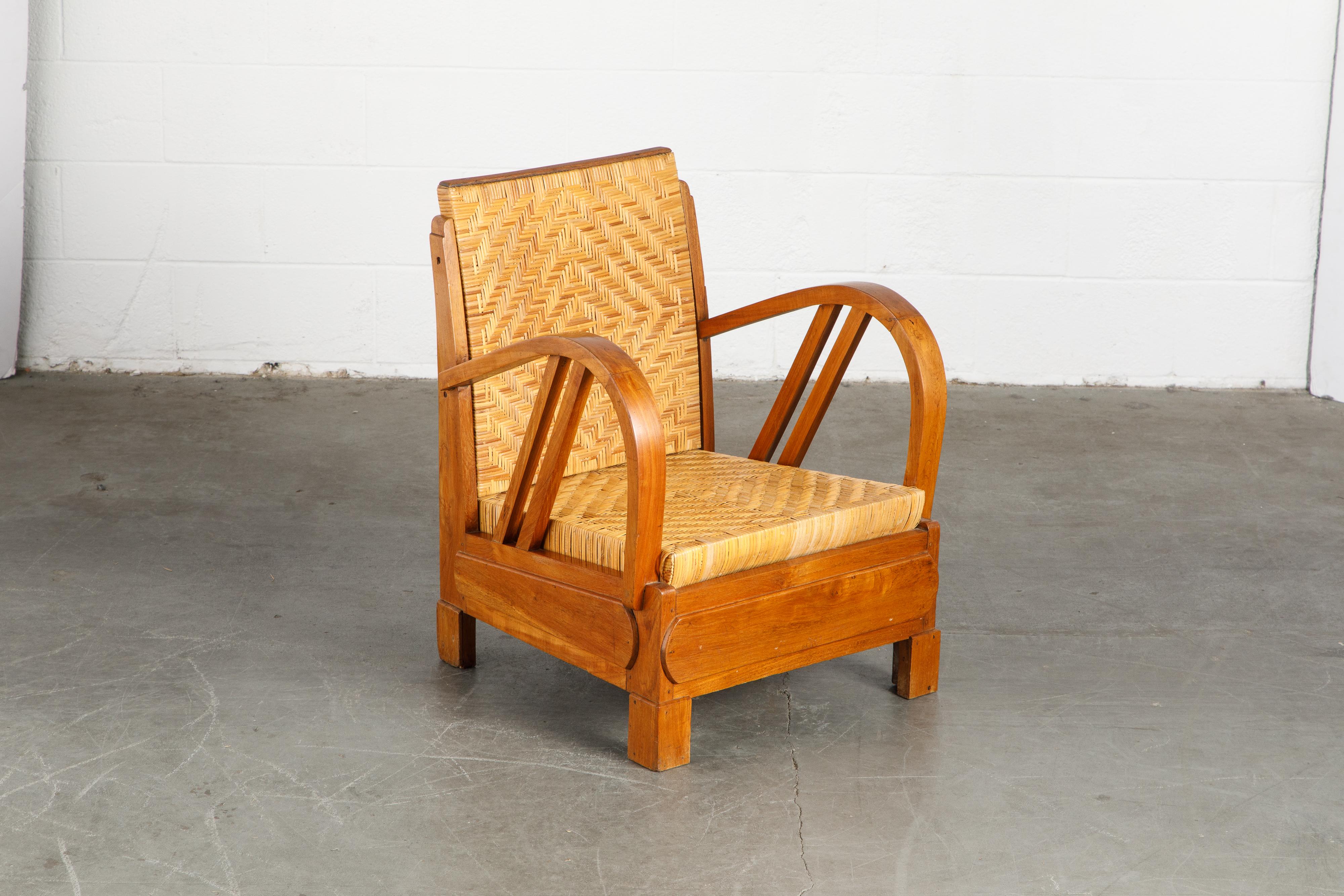 British Colonial Rattan und Holz Art Deco Lounge Stühle, ca. 1920er Jahre, Satz von vier 5