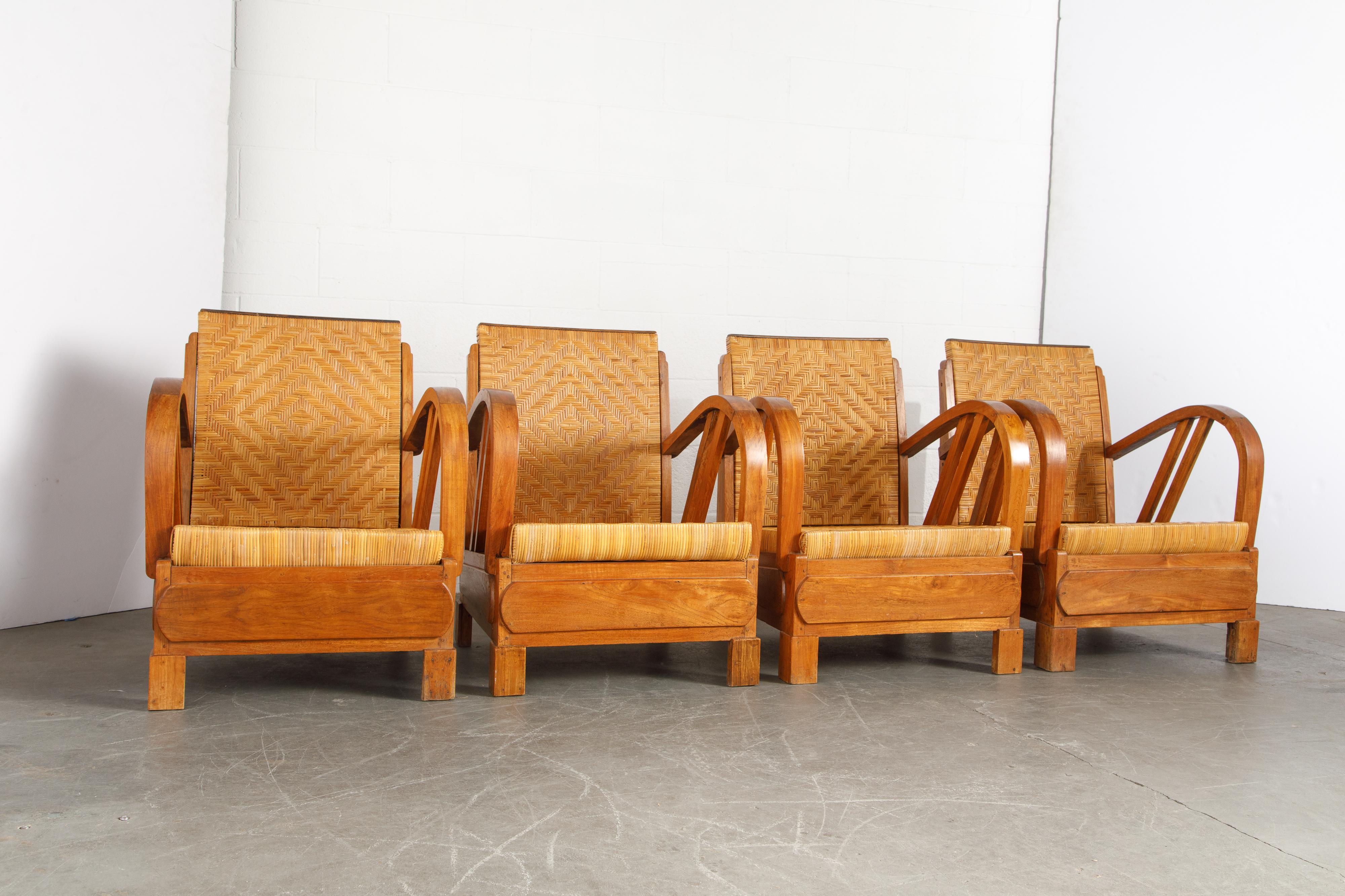 British Colonial Rattan und Holz Art Deco Lounge Stühle, ca. 1920er Jahre, Satz von vier (Britisch Kolonial)