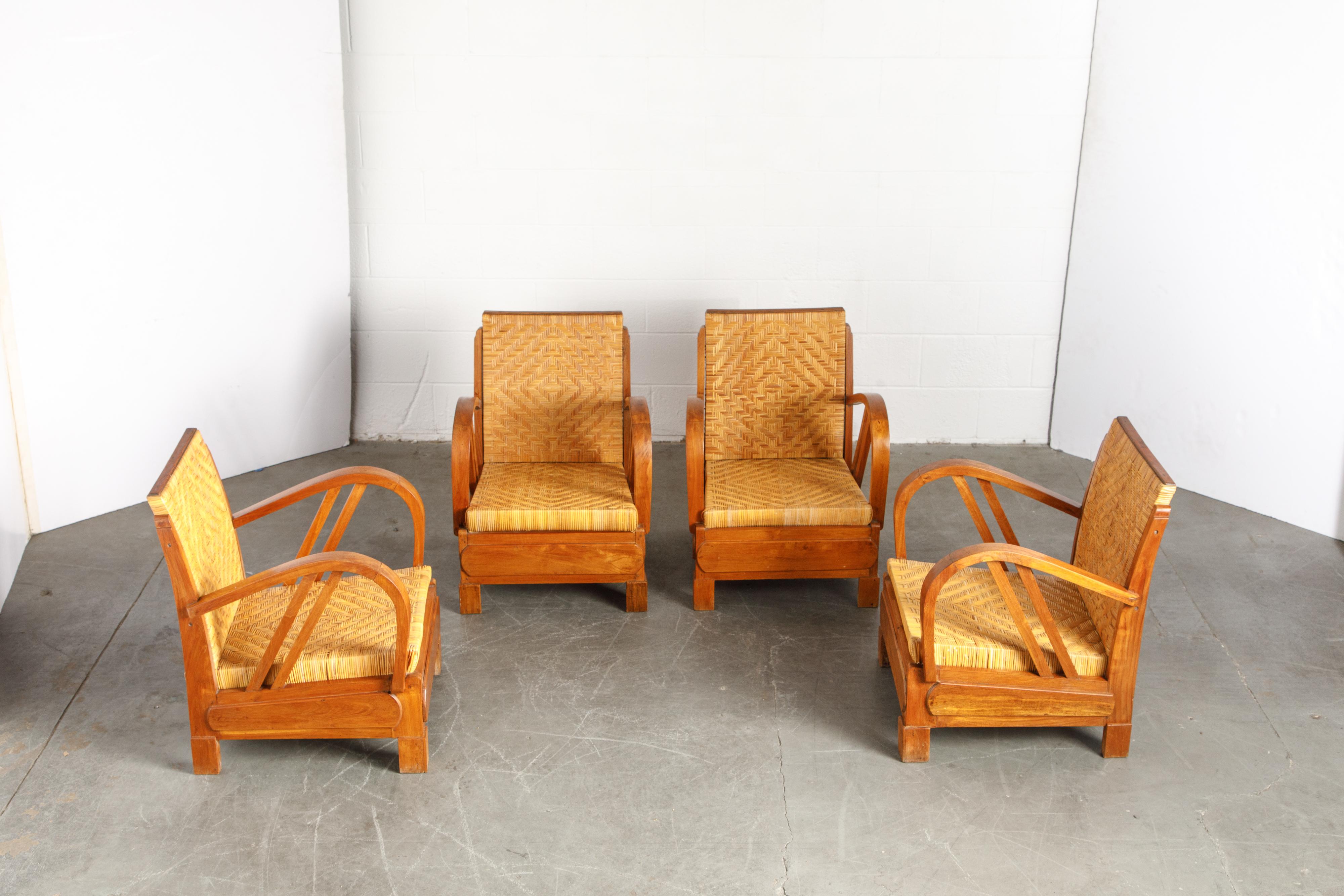 British Colonial Rattan und Holz Art Deco Lounge Stühle, ca. 1920er Jahre, Satz von vier (Indisch)