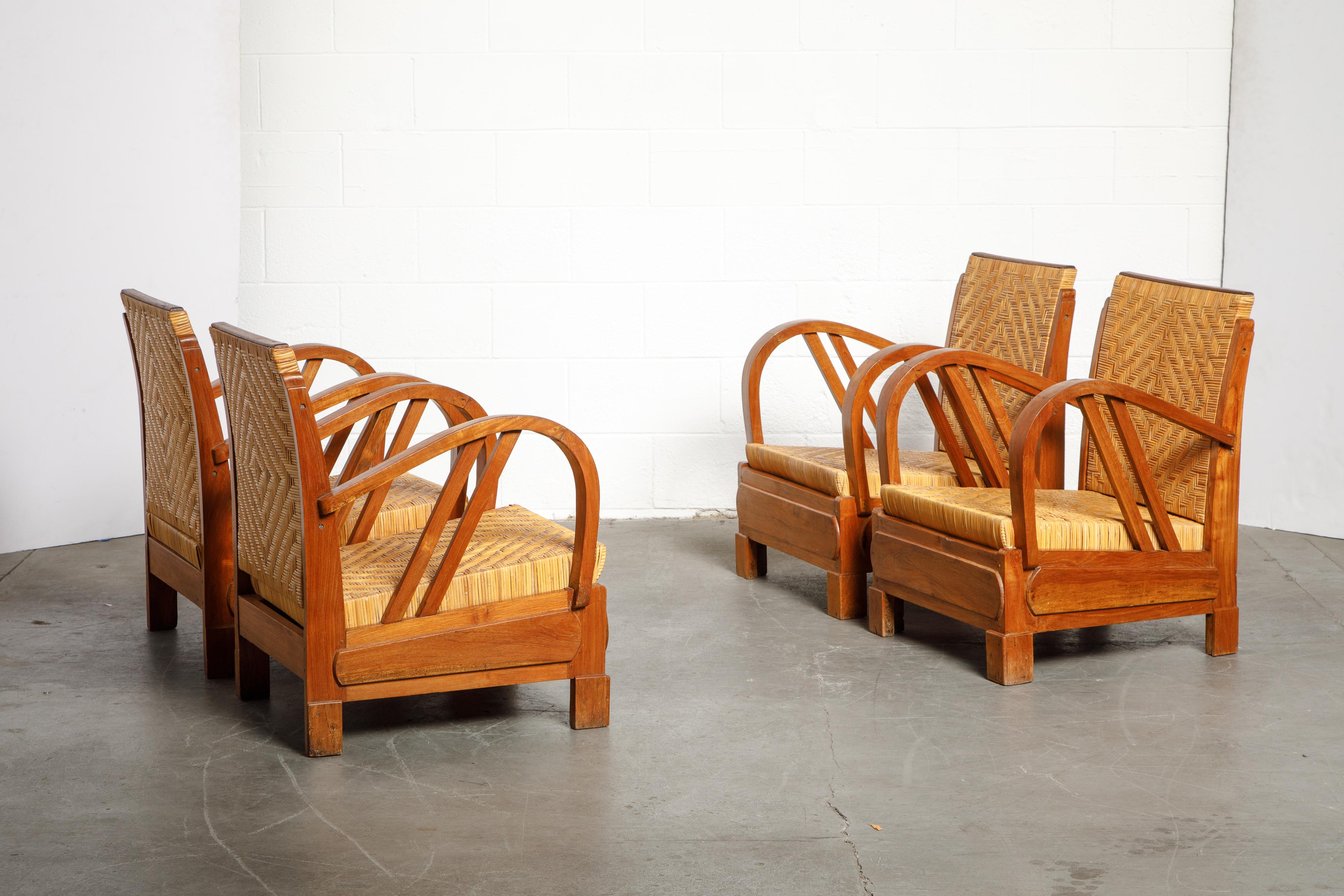 British Colonial Rattan und Holz Art Deco Lounge Stühle, ca. 1920er Jahre, Satz von vier im Zustand „Gut“ in Los Angeles, CA
