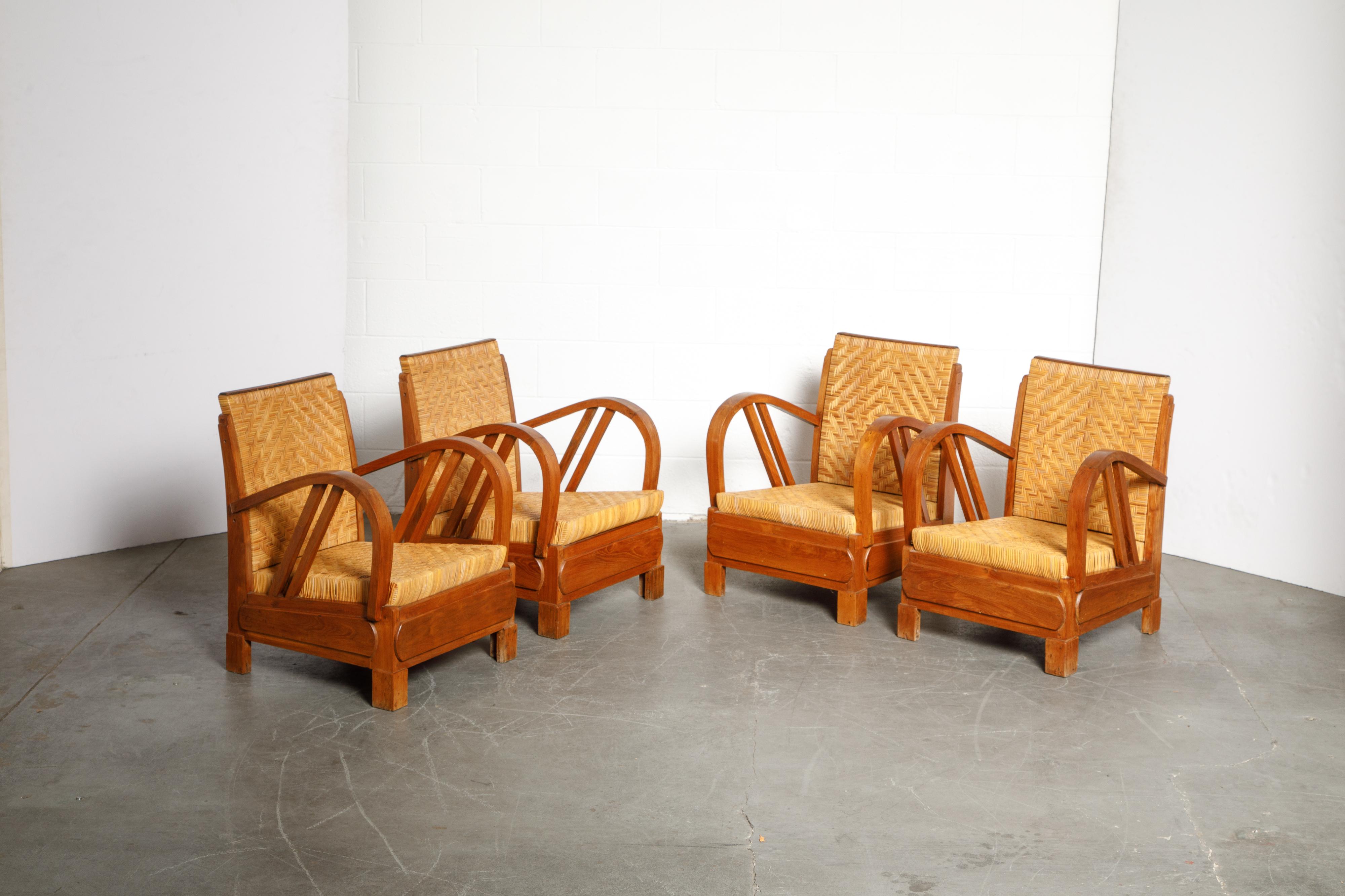 British Colonial Rattan und Holz Art Deco Lounge Stühle, ca. 1920er Jahre, Satz von vier 1