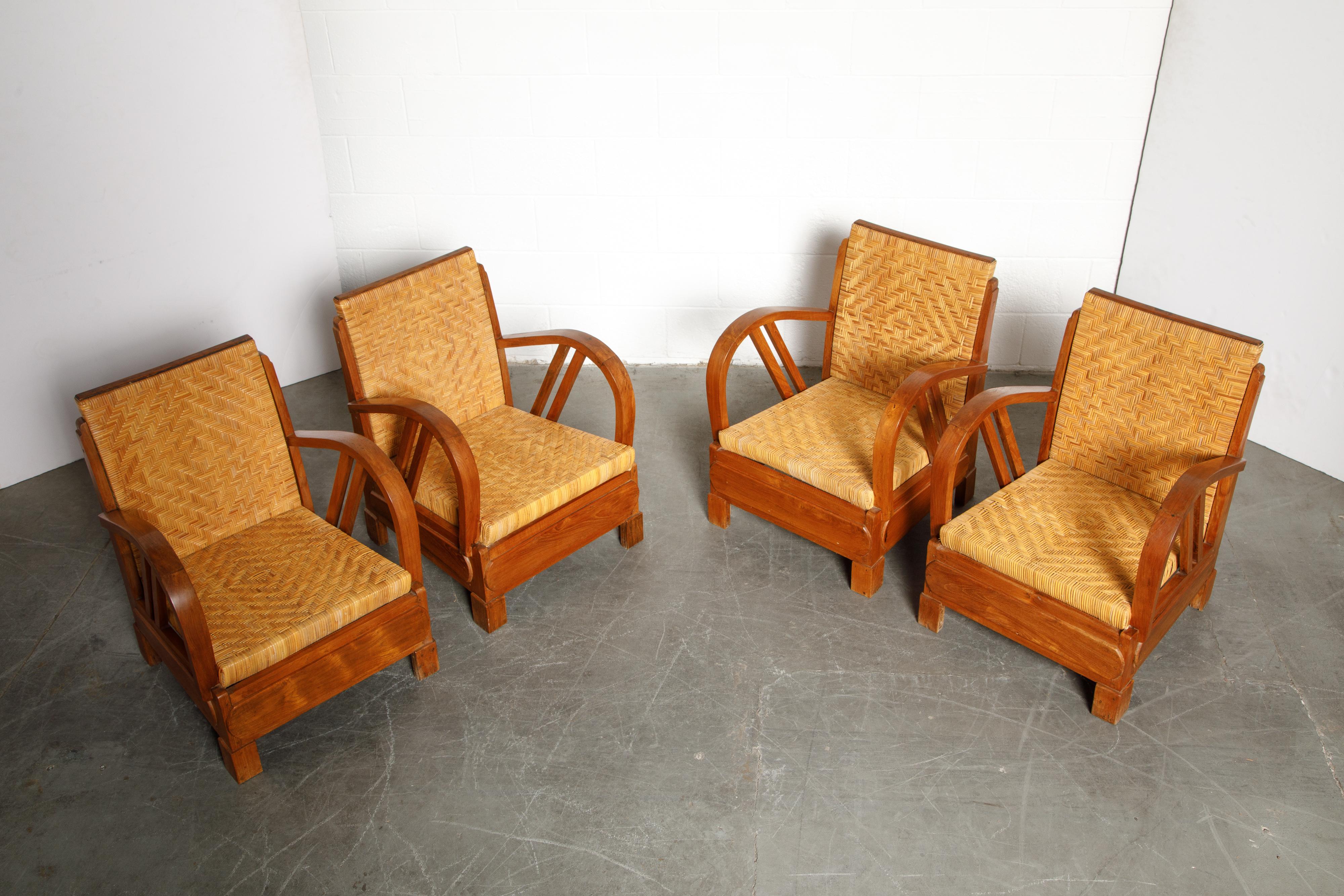 British Colonial Rattan und Holz Art Deco Lounge Stühle, ca. 1920er Jahre, Satz von vier 2