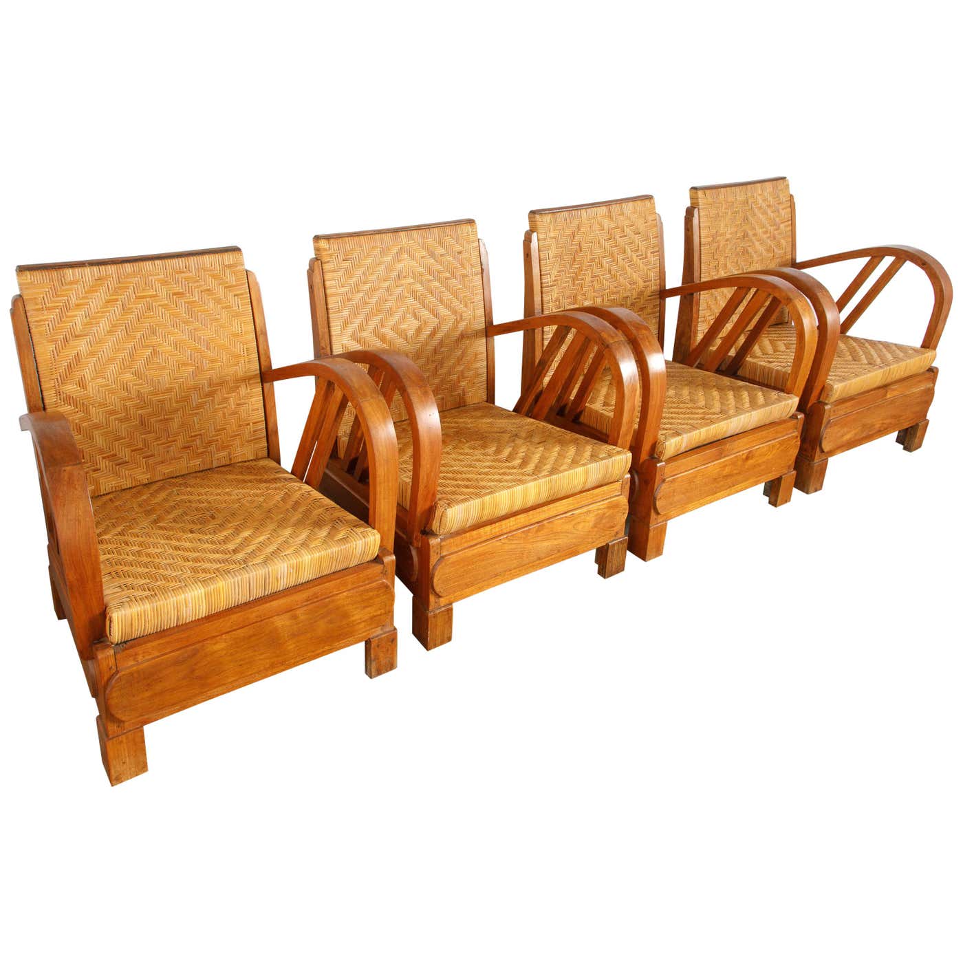 British Colonial Rattan and Wood Art Deco Lounge Chairs, c. 1920s, Set