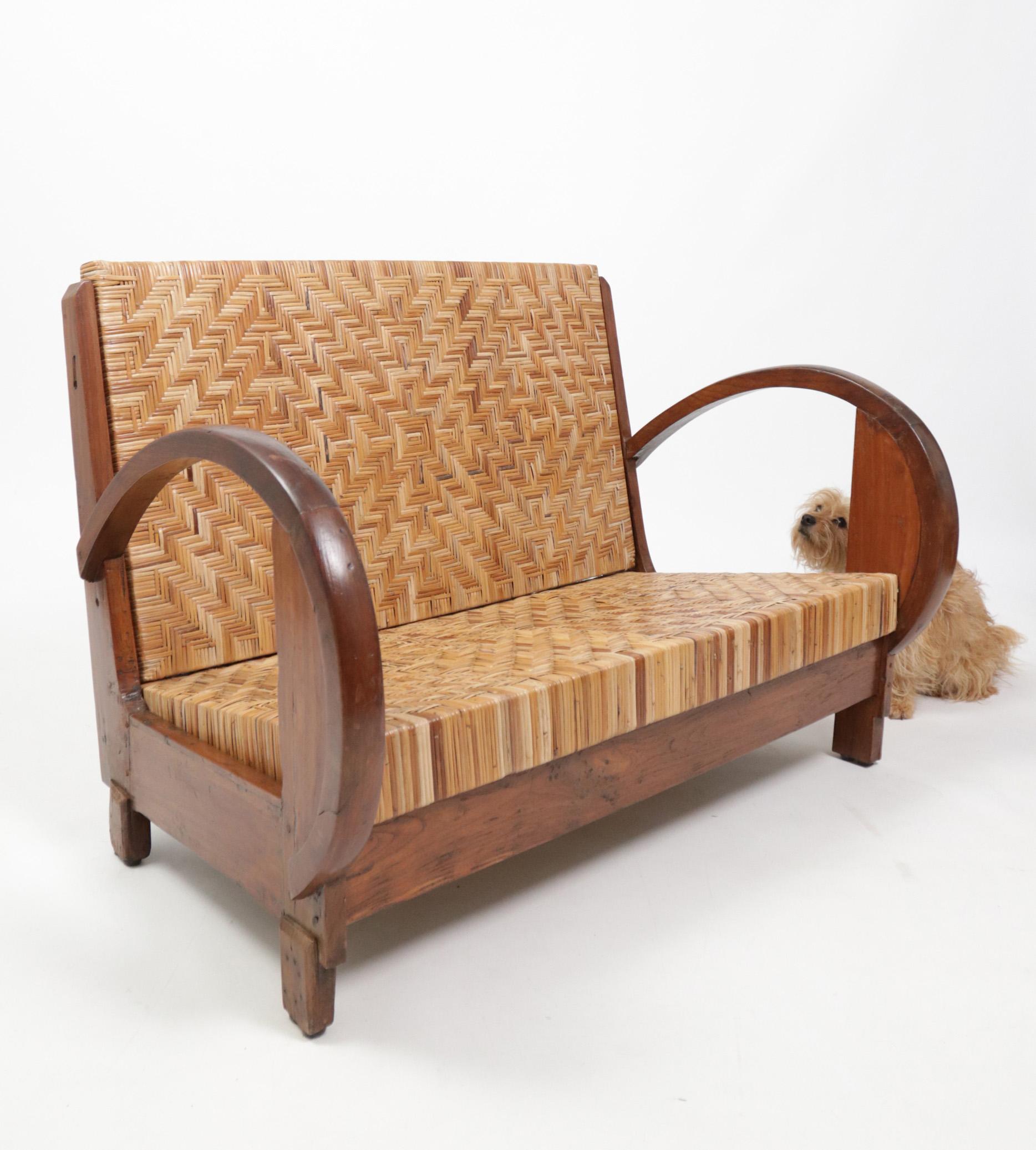 British Colonial Rattan and Wood Art Deco Lounge Sofa, c. 1920s 13