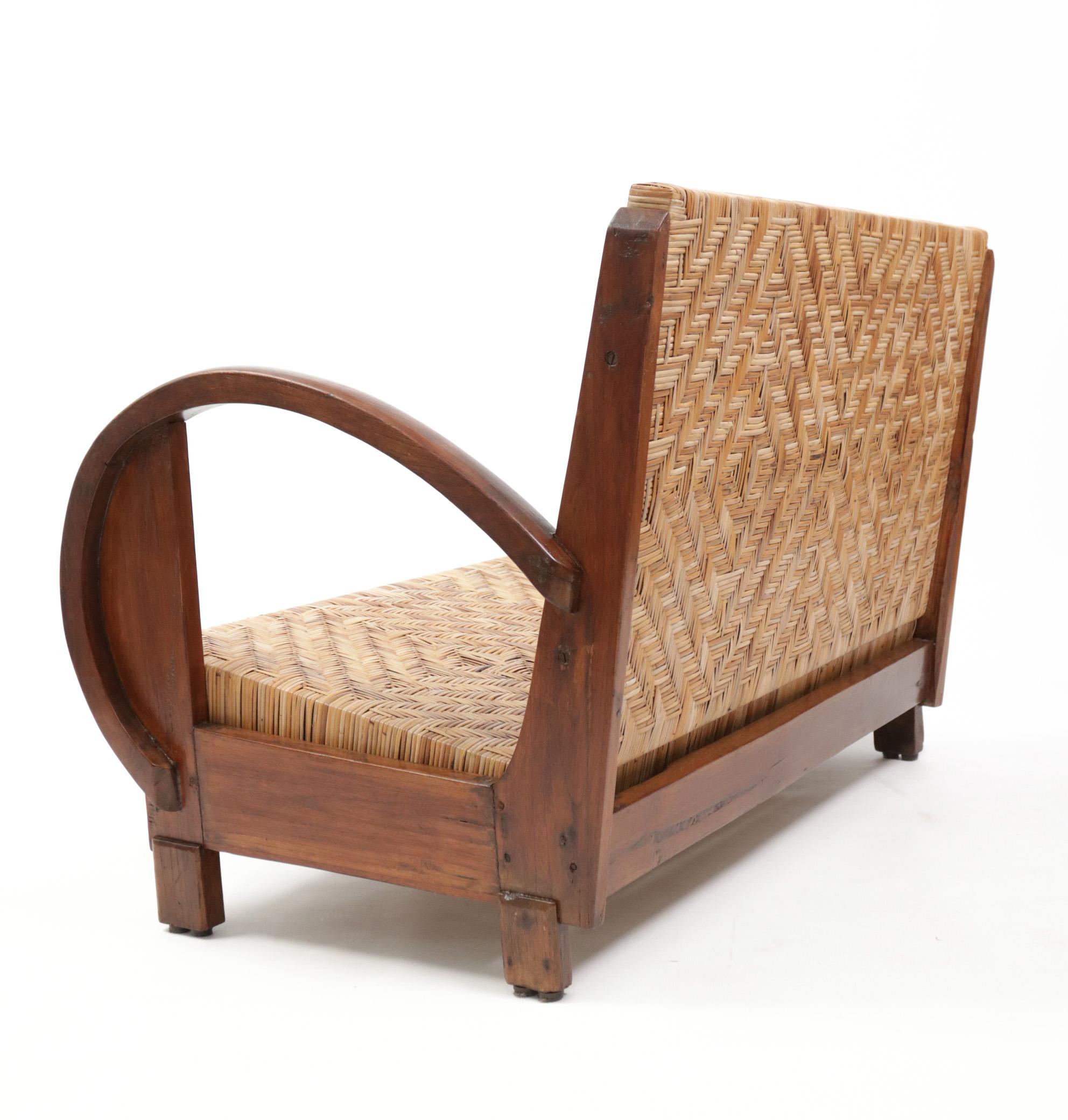 British Colonial Rattan and Wood Art Deco Lounge Sofa, c. 1920s 4