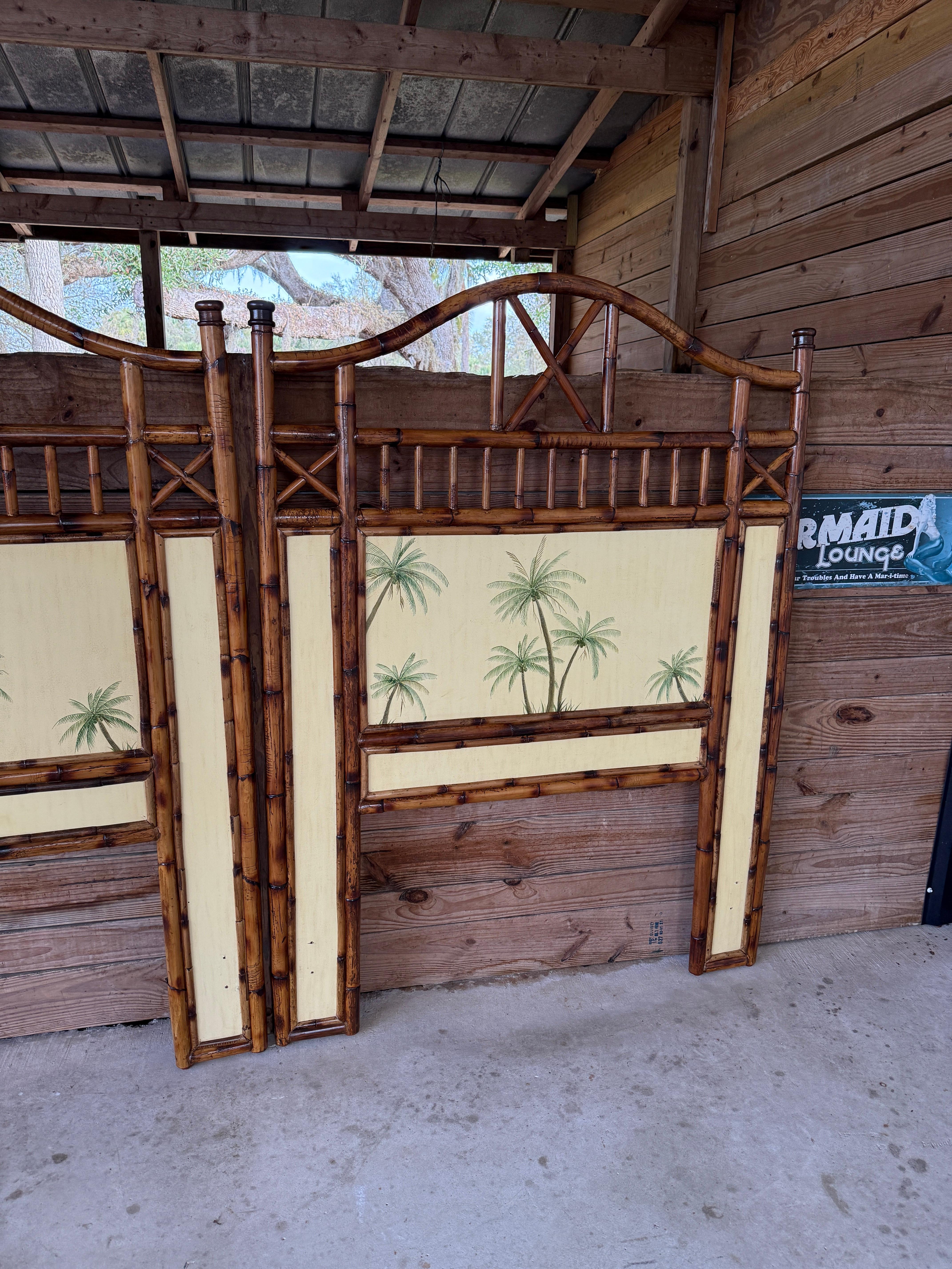 British Colonial Refinished Rattan Coastal Palm Tree Twin Headboards-Pair 7