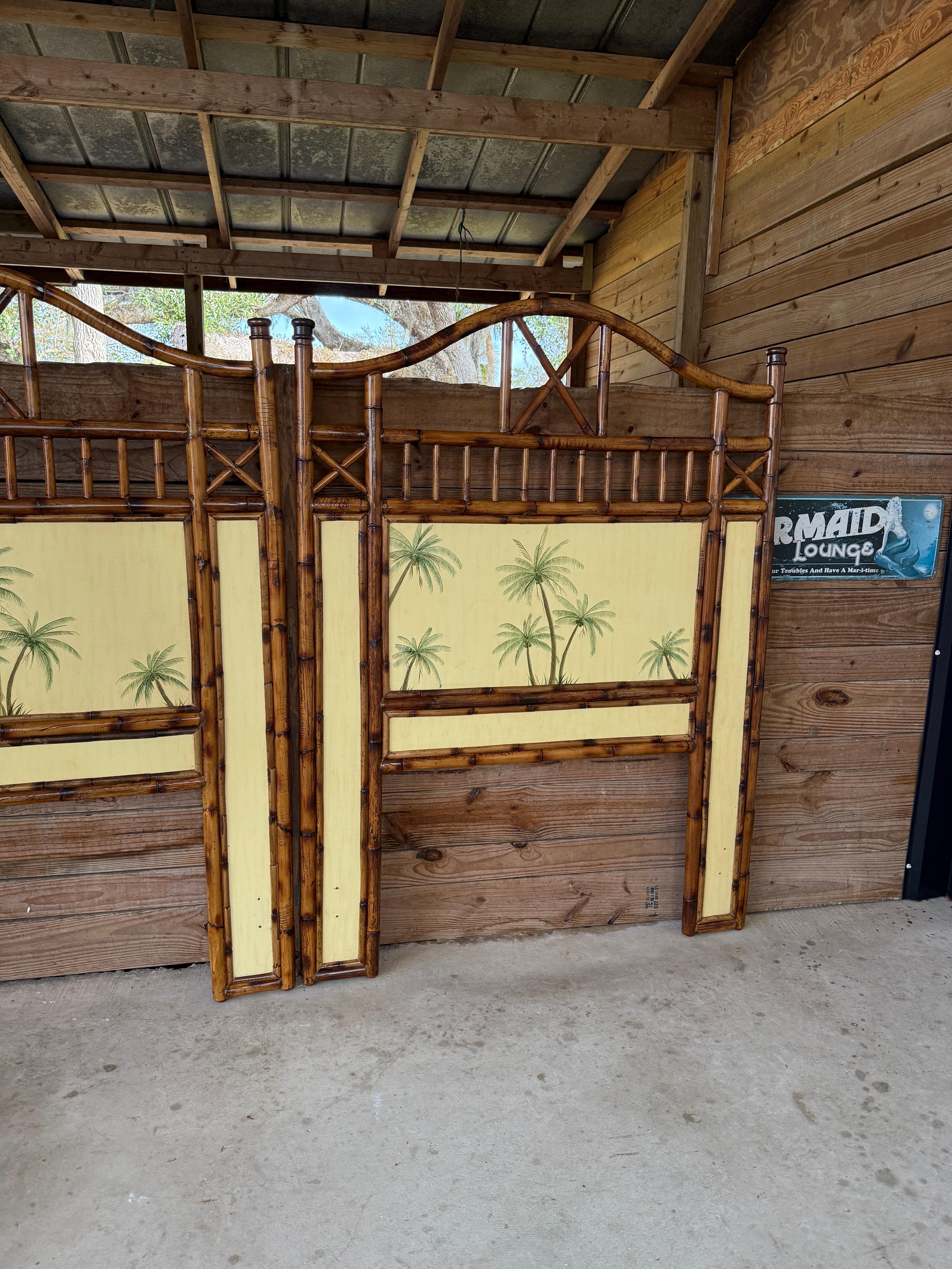 British Colonial Refinished Rattan Coastal Palm Tree Twin Headboards-Pair 8