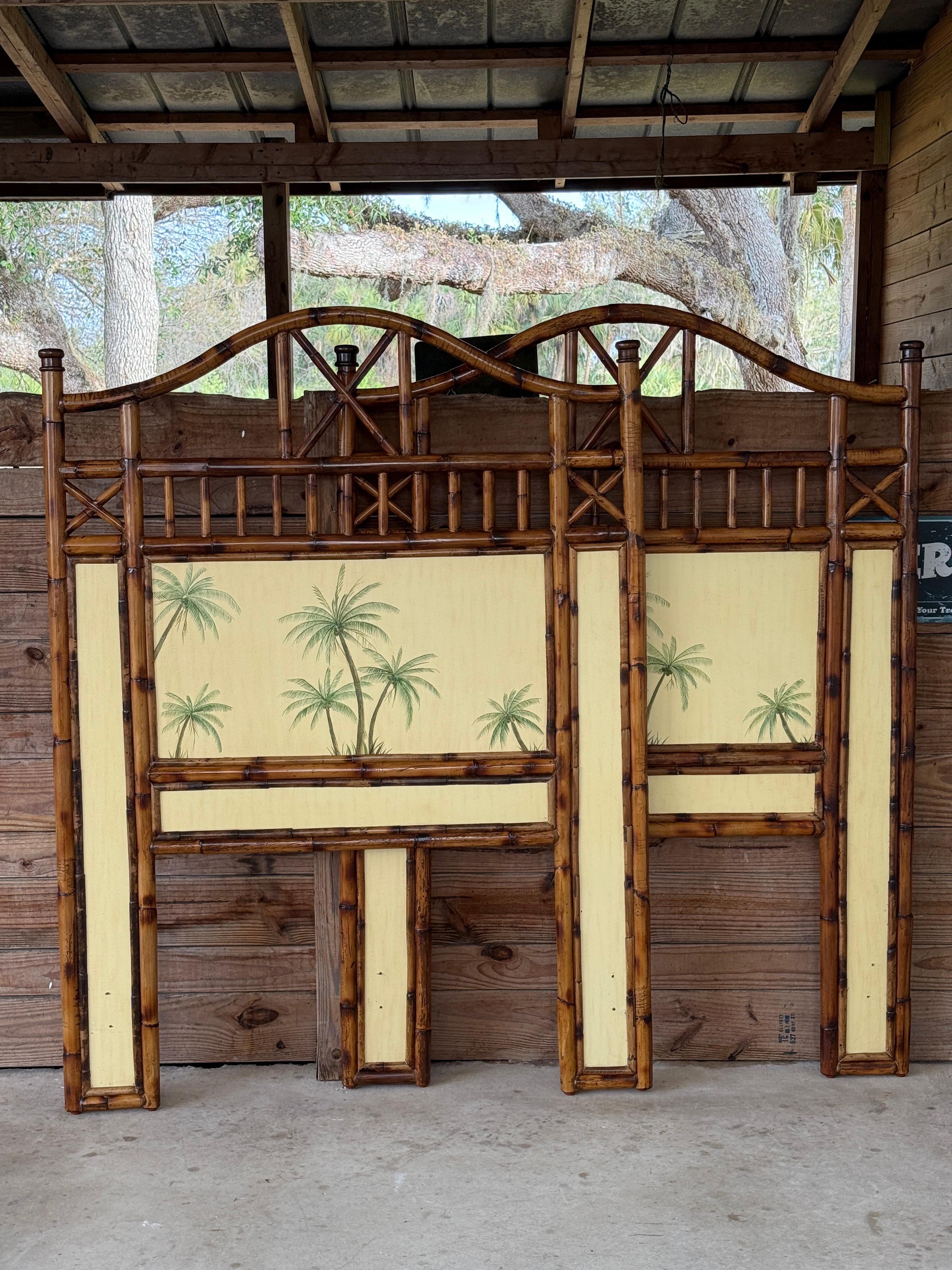 British Colonial Refinished Rattan Coastal Palm Tree Twin Headboards-Pair 10