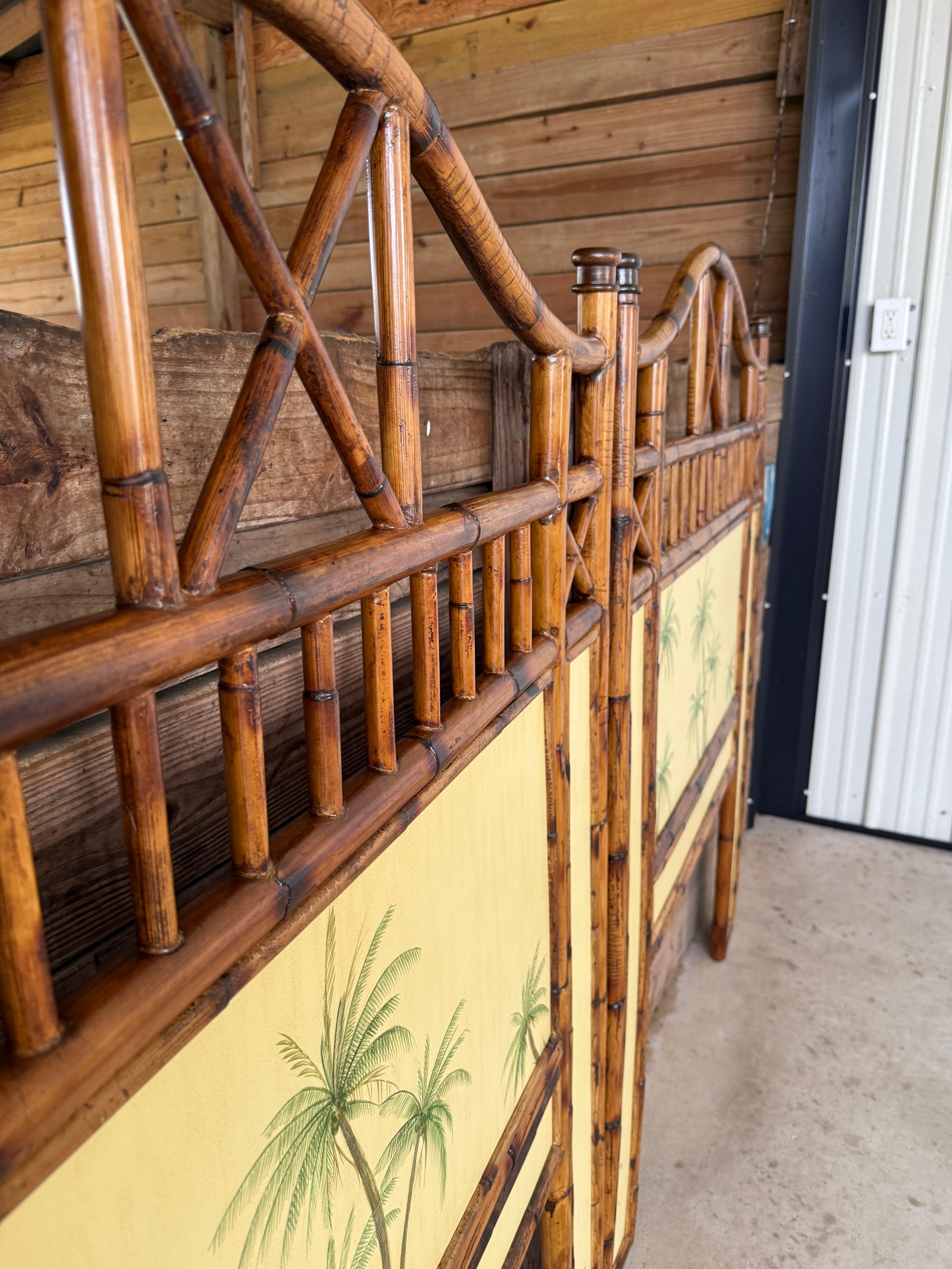 Hand-Crafted British Colonial Refinished Rattan Coastal Palm Tree Twin Headboards-Pair
