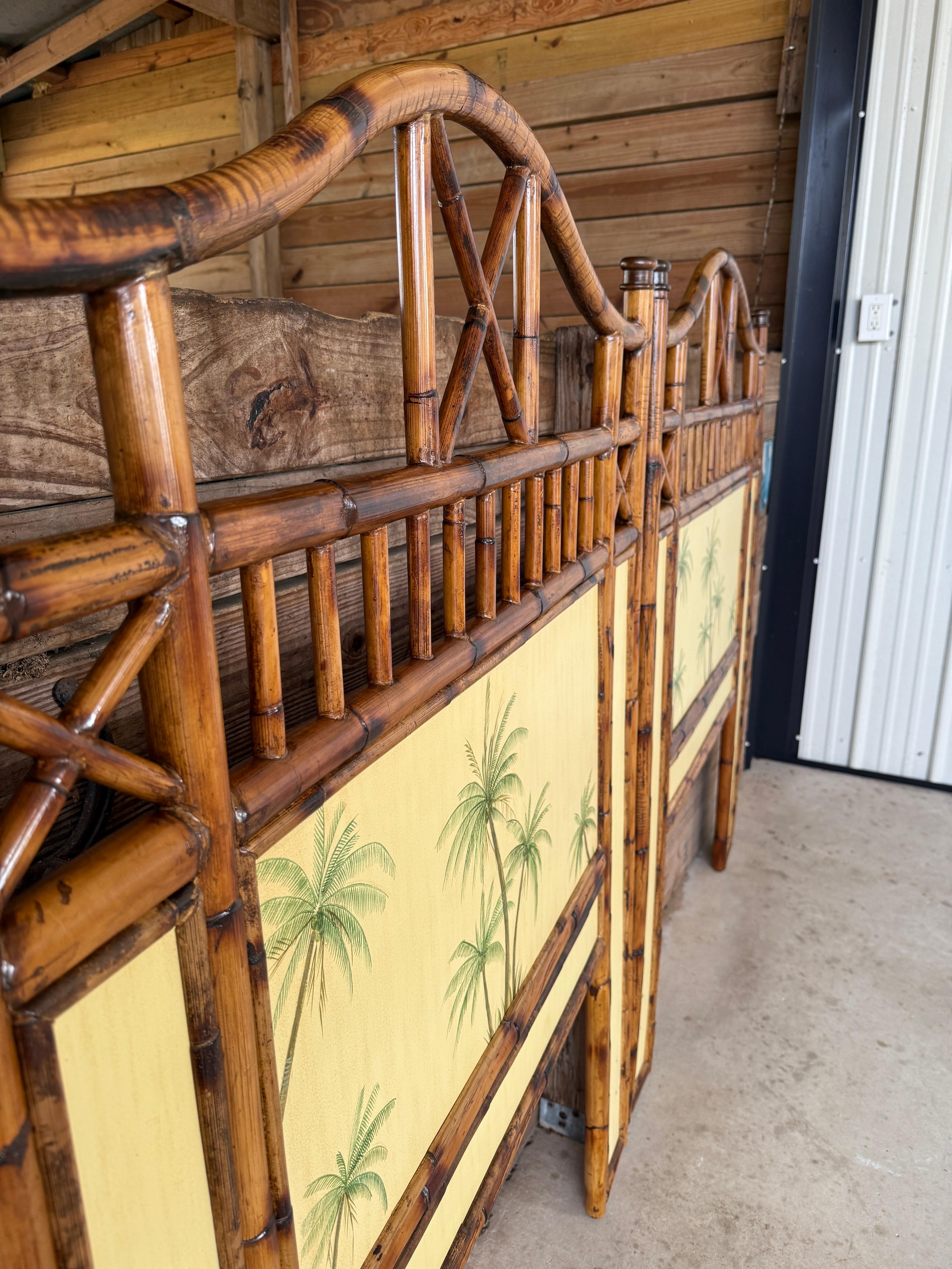 British Colonial Refinished Rattan Coastal Palm Tree Twin Headboards-Pair In Good Condition In North Fort Myers, FL