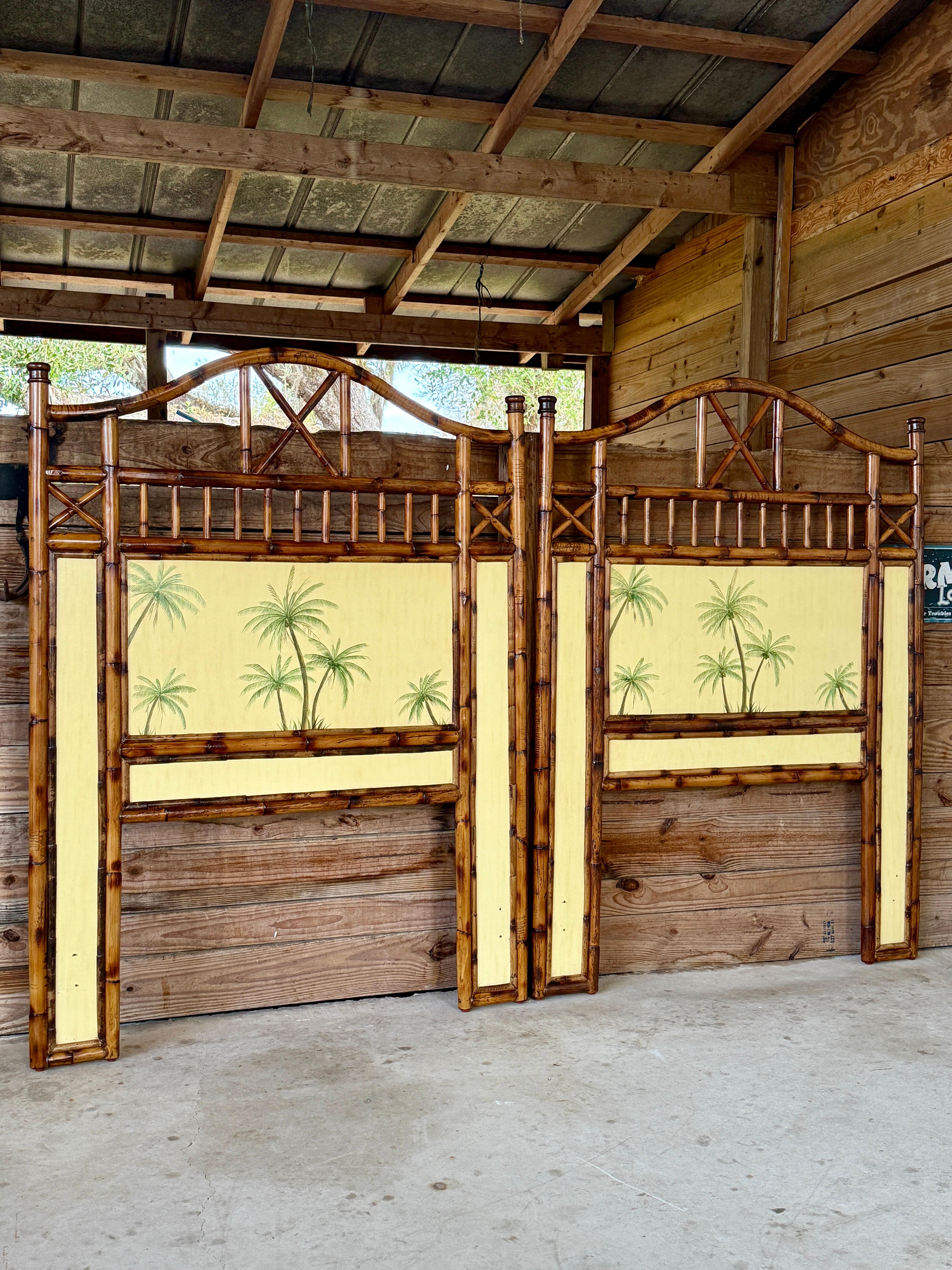 Late 20th Century British Colonial Refinished Rattan Coastal Palm Tree Twin Headboards-Pair