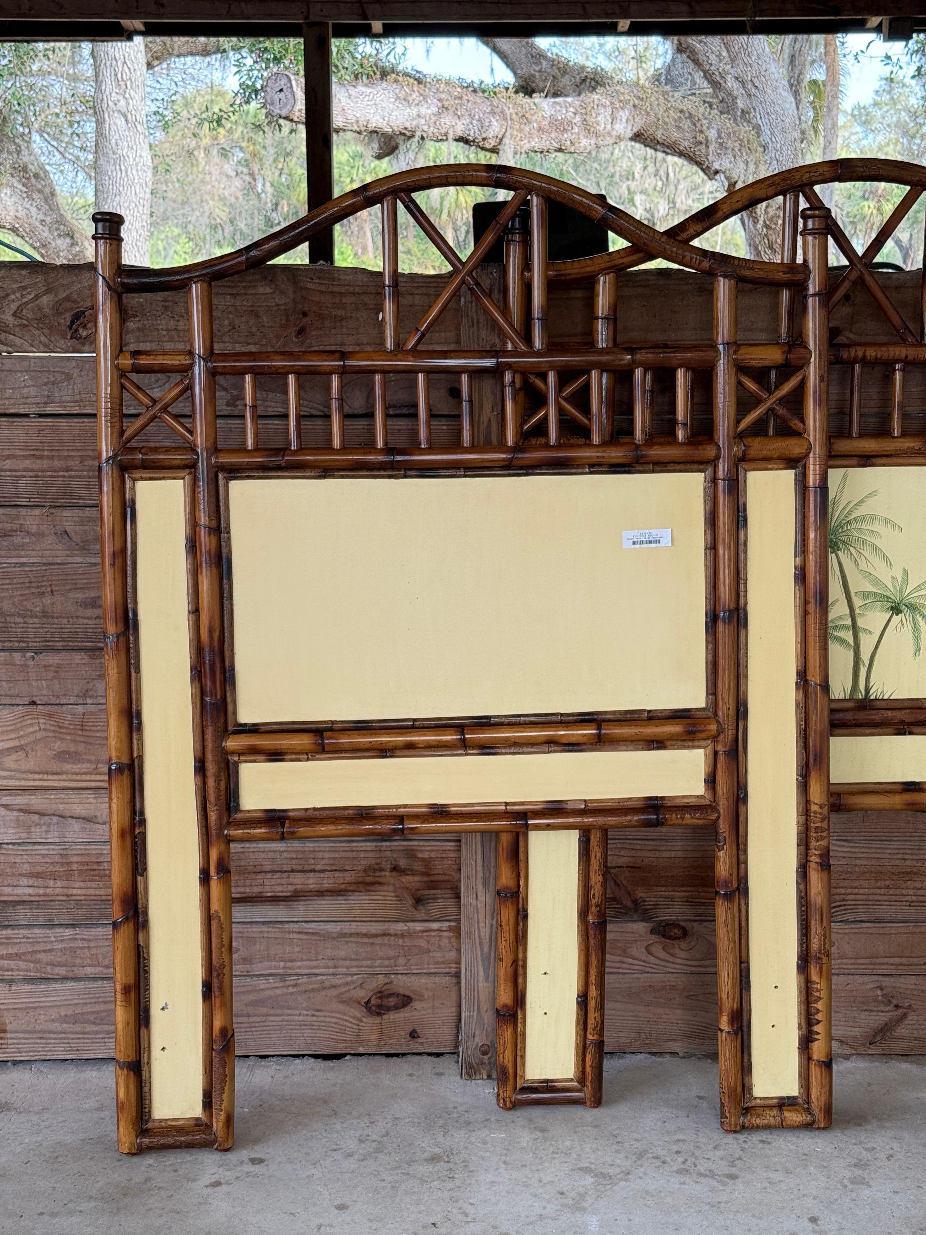 British Colonial Refinished Rattan Coastal Palm Tree Twin Headboards-Pair 2