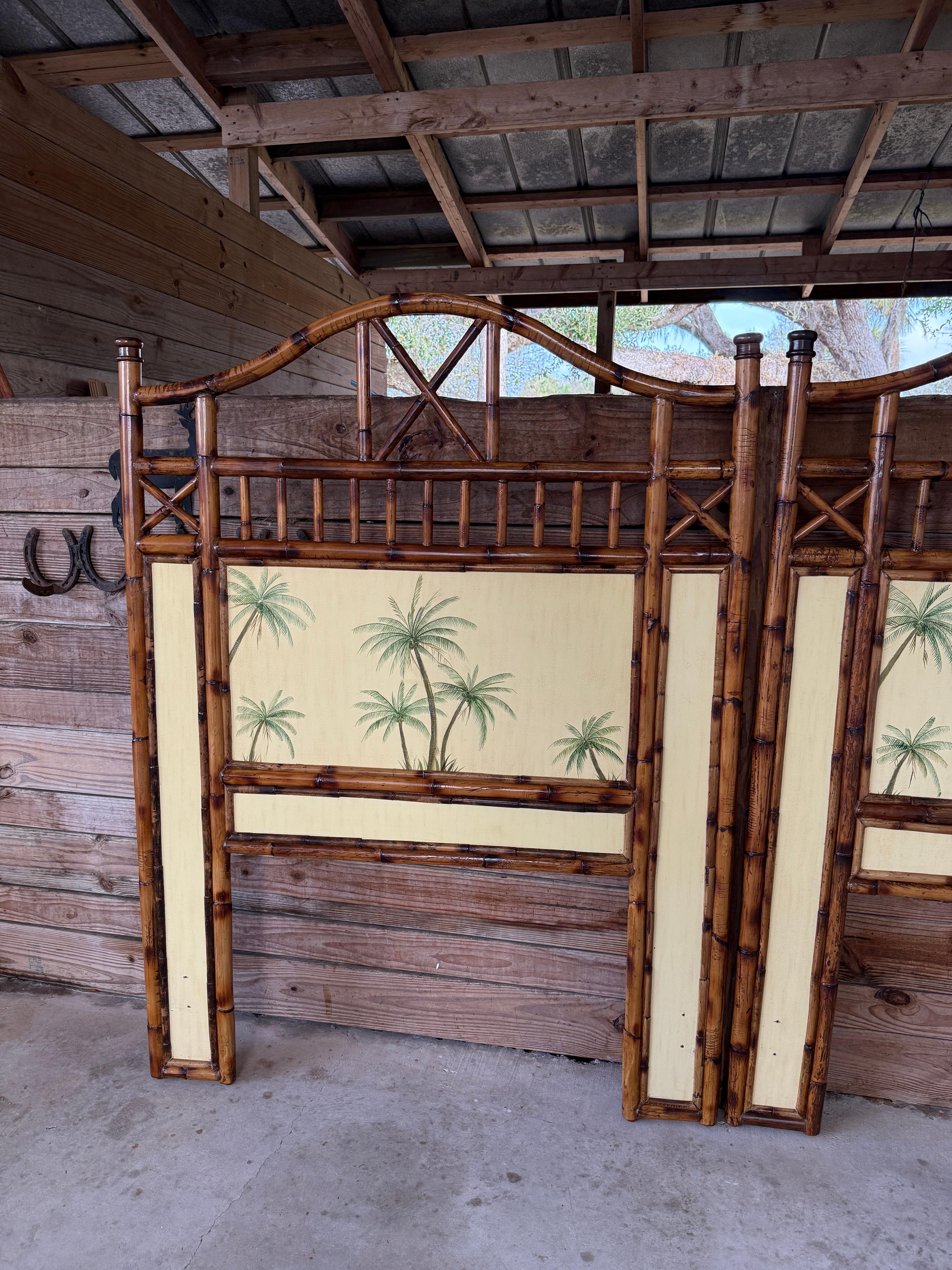 British Colonial Refinished Rattan Coastal Palm Tree Twin Headboards-Pair 3