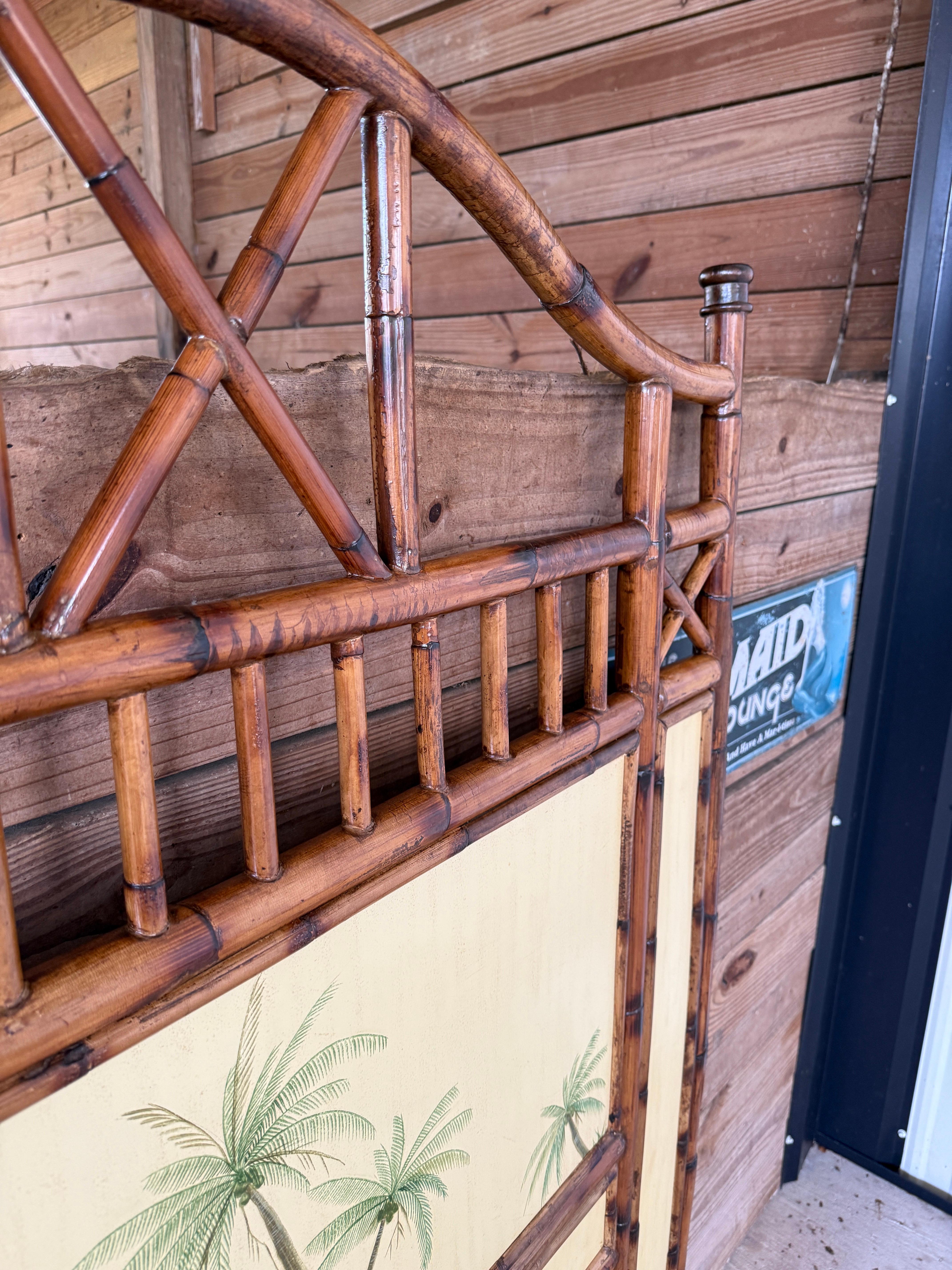 British Colonial Refinished Rattan Coastal Palm Tree Twin Headboards-Pair 4