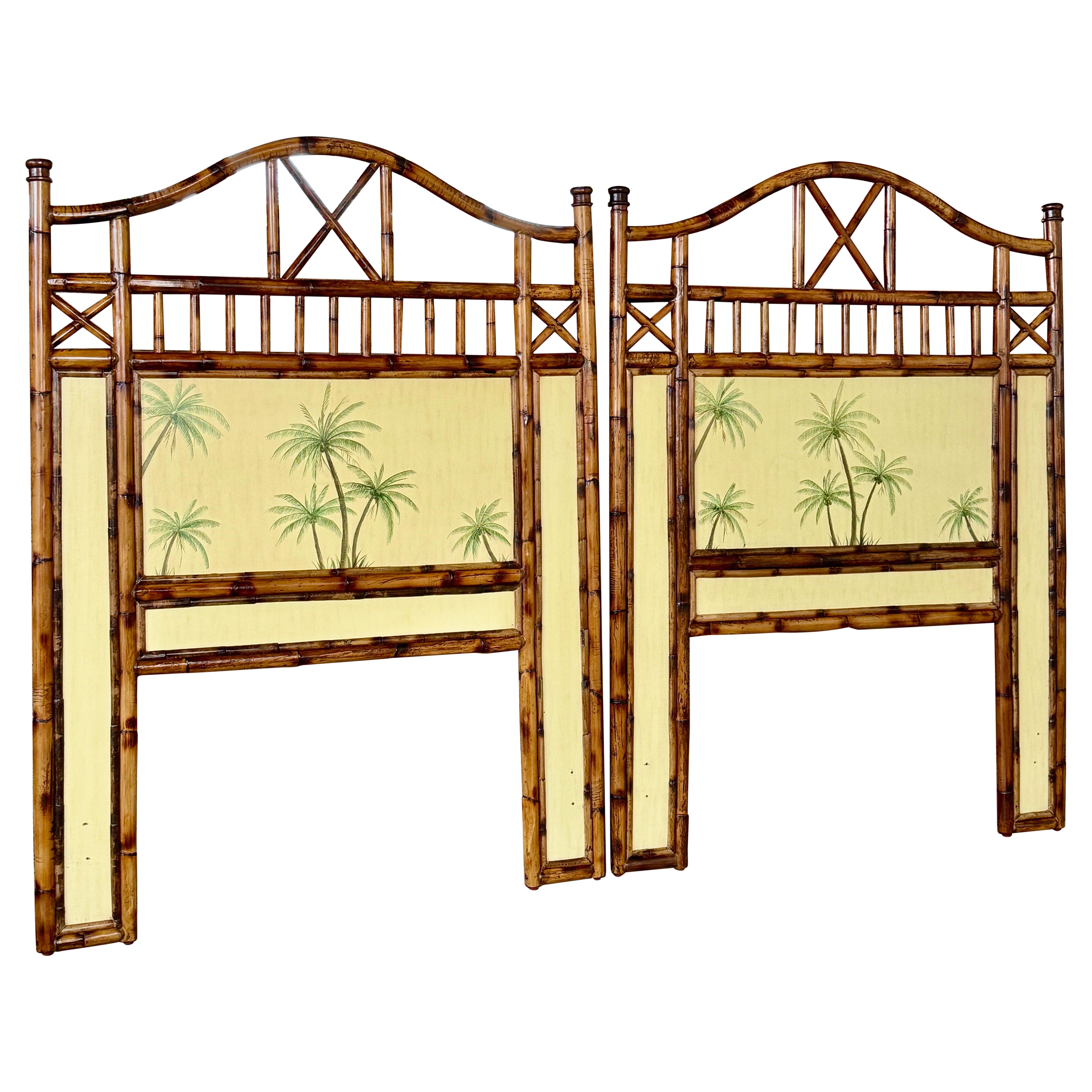 British Colonial Refinished Rattan Coastal Palm Tree Twin Headboards-Pair
