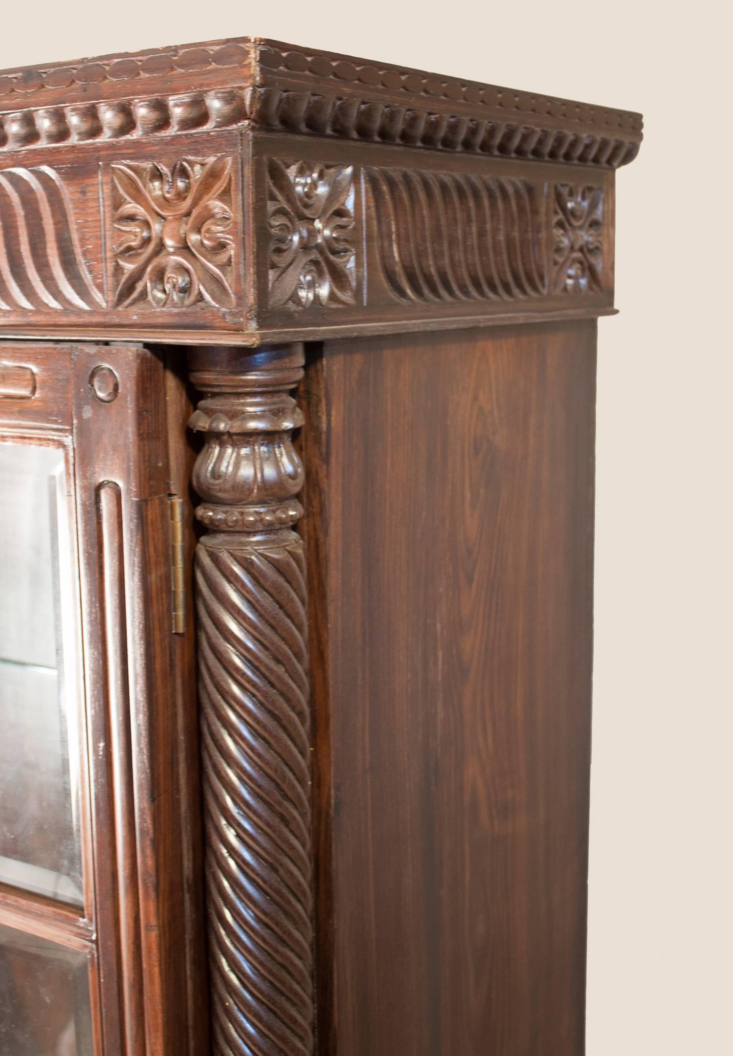 Indian British Colonial Rosewood Cabinet with Glass Doors 