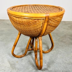 British Colonial Round Bohemian Bamboo & Grasscloth Cane Occasional Drum Table