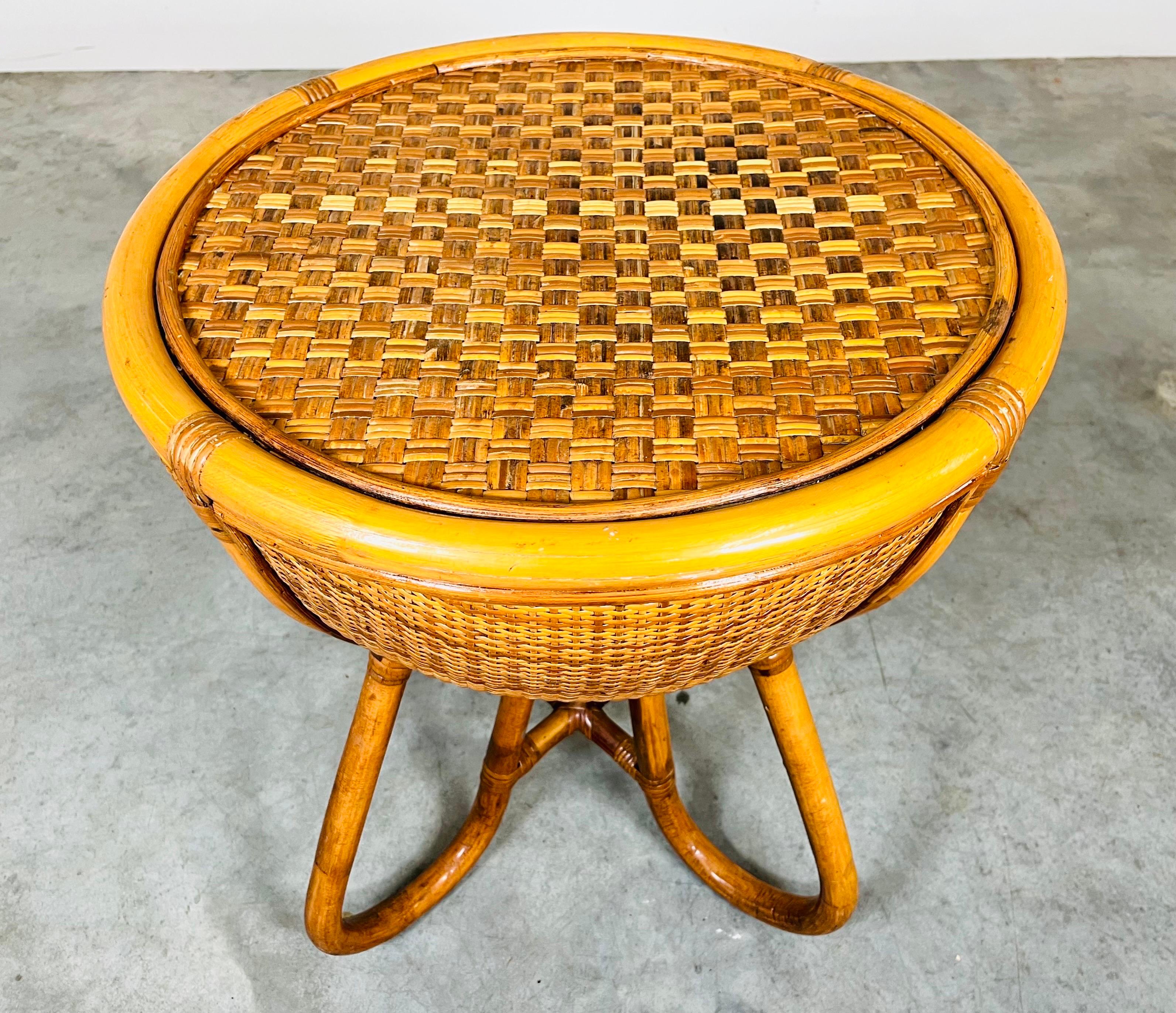 American British Colonial Round Bohemian Bamboo & Grasscloth Cane Occasional Drum Table
