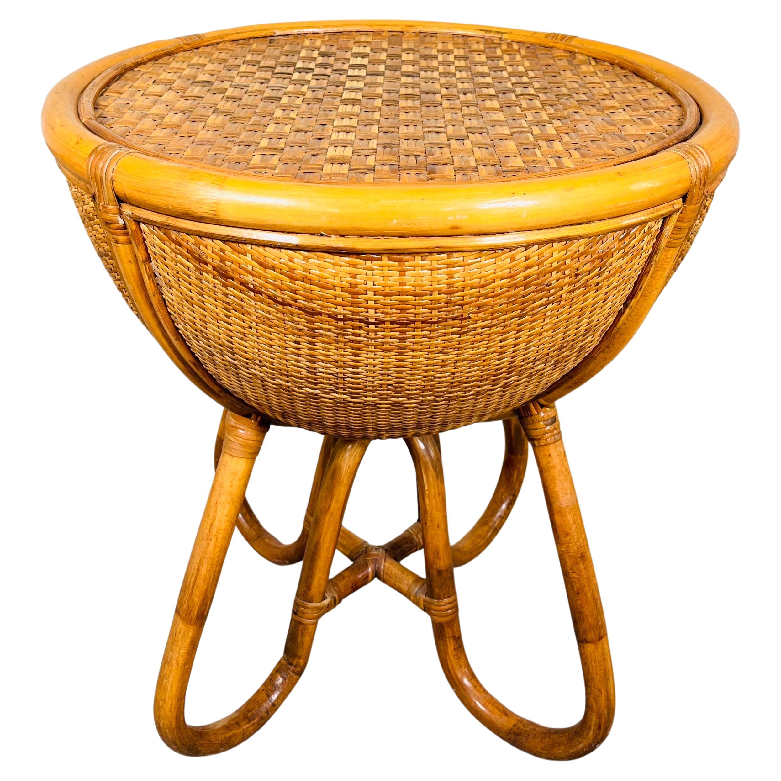 British Colonial Round Bohemian Bamboo & Grasscloth Cane Occasional Drum Table