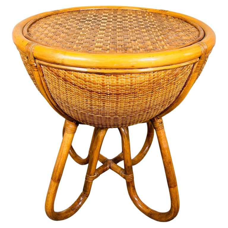 British Colonial Round Bohemian Bamboo and Grasscloth Cane Occasional ...