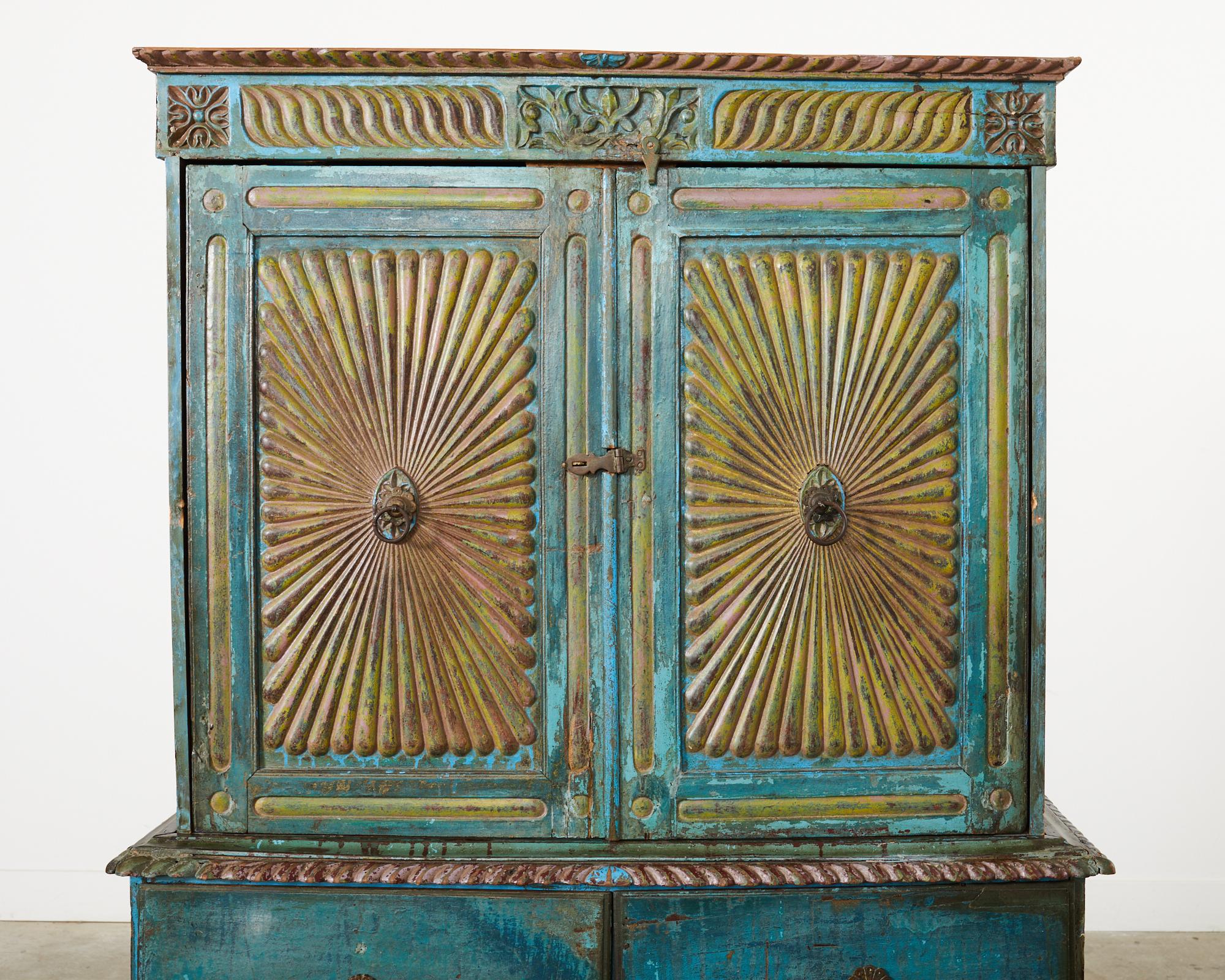 British Colonial Style Anglo Indian Polychromed Linen Press In Distressed Condition For Sale In Rio Vista, CA