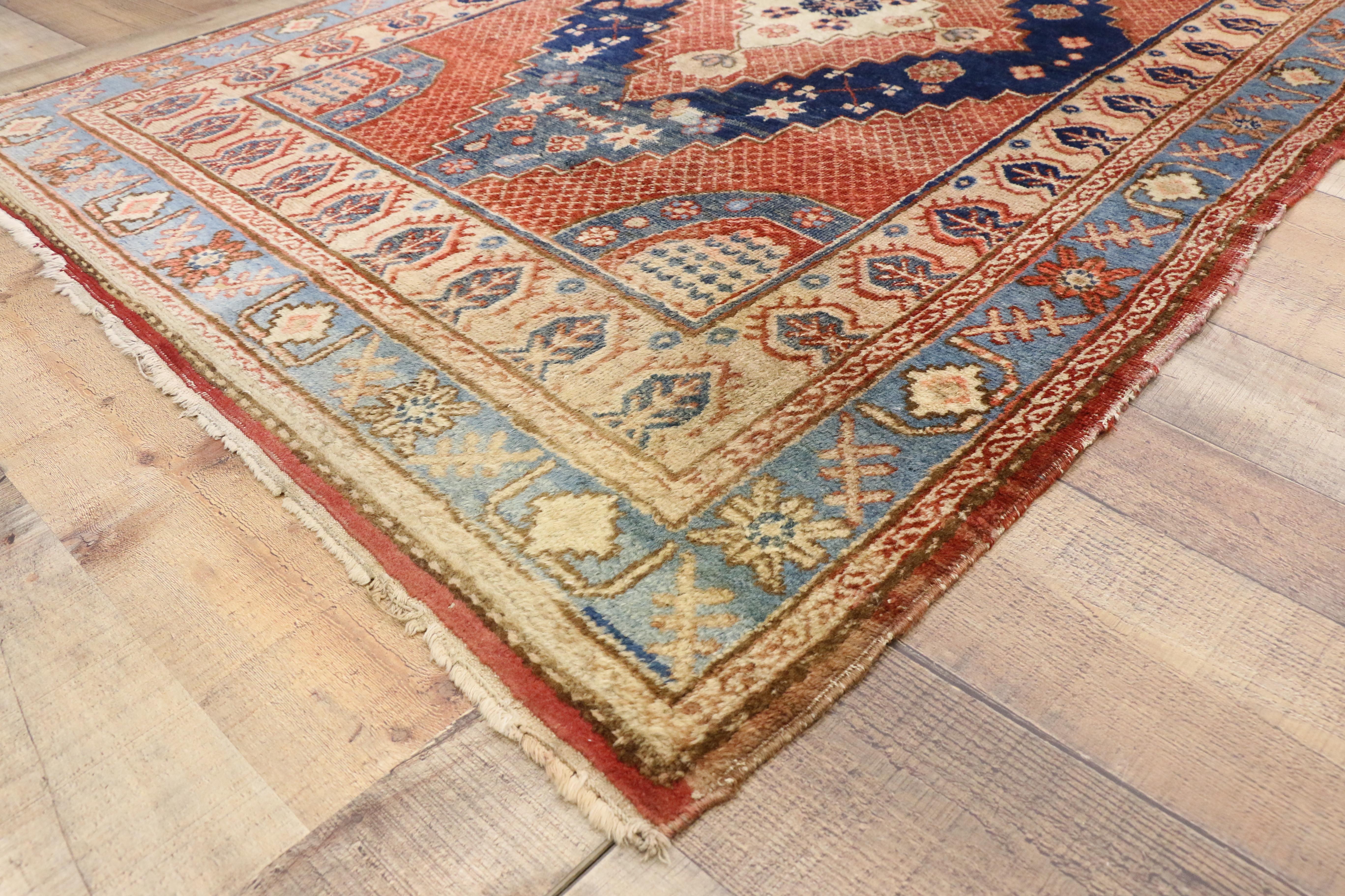 74455 Antique Persian Hamadan rug, Entry or Foyer Rug. Regal and sumptuous, this hand knotted wool antique Persian Hamadan rug displays a beautiful design in luxurious warm colors and cool hues. Emanating grace and comfort, this antique Persian rug