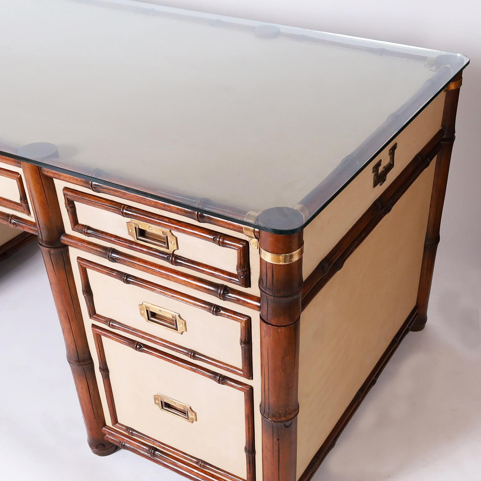 British Colonial Style Bamboo and Canvas Desk In Good Condition In Palm Beach, FL