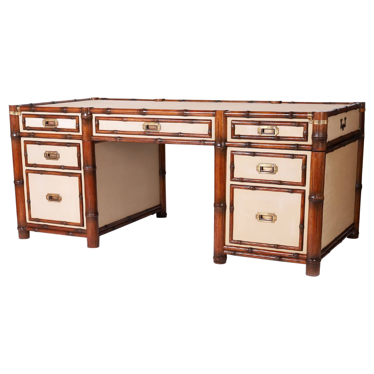 British Colonial Style Bamboo and Canvas Desk